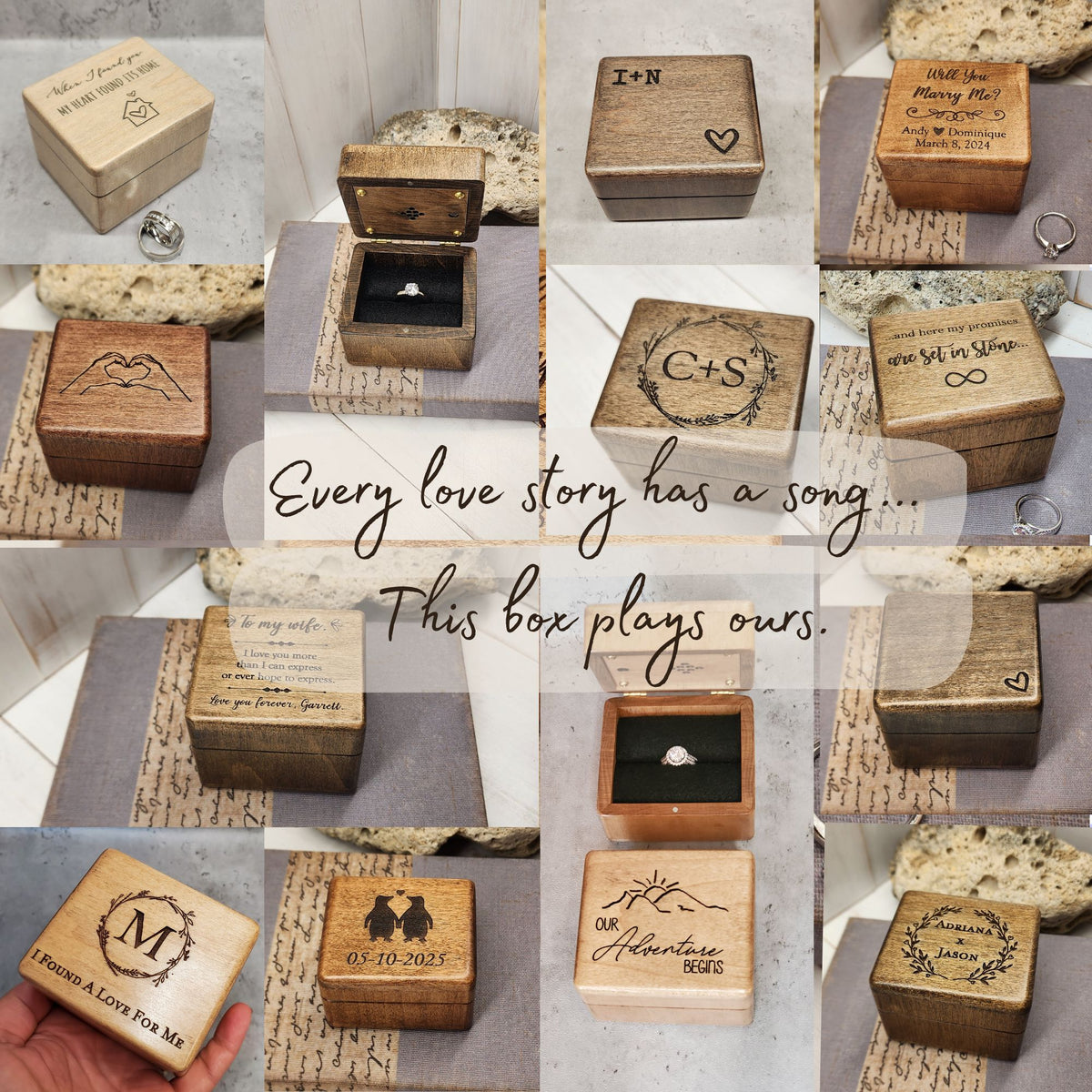 Collage of wooden ring boxes with engraved designs and text.