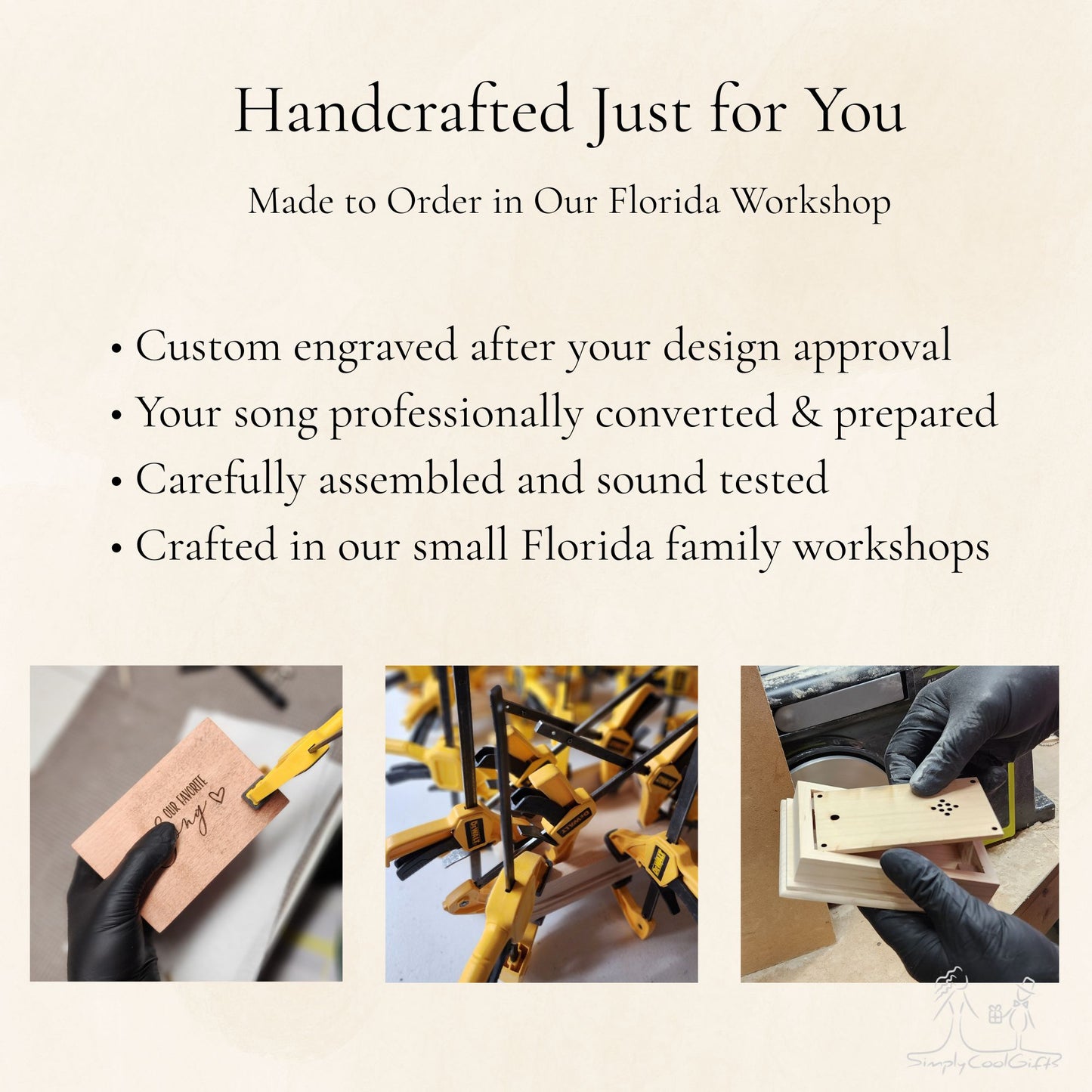 handcrafted products made in a Florida workshop with text about custom engraving and assembly.