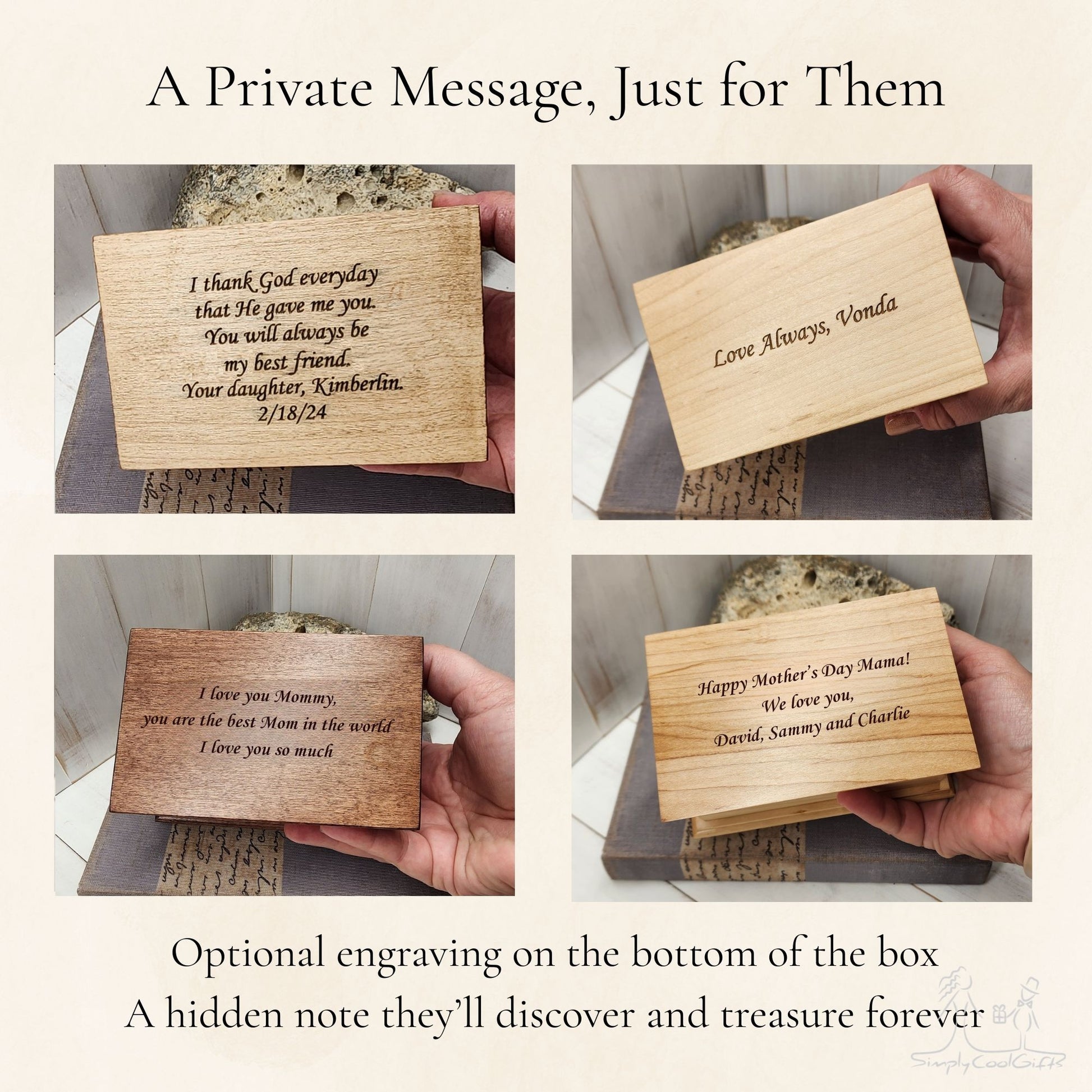 Wooden music boxes with engraved personalized messages on the bottom side of the box, held by hands against a neutral background.