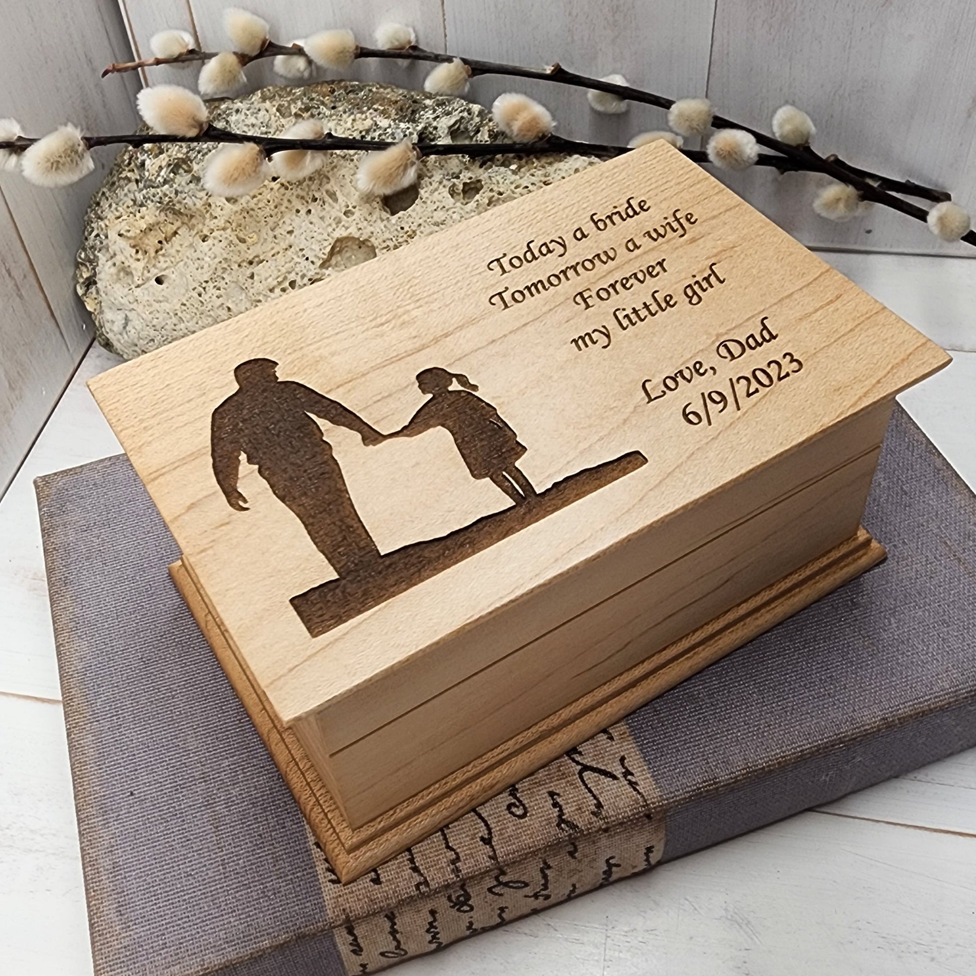 wooden music jewelry box with a dad and daughter holding hands silhouette engraved on top along with the quote Today a bride tomorrow a wife forever my little girl Love, Dad with the date, choose from 9 different colors and add your father-daughter dance song 