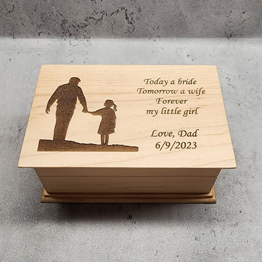 wooden music jewelry box with a dad and daughter holding hands silhouette engraved on top along with the quote Today a bride tomorrow a wife forever my little girl Love, Dad with the date, choose from 9 different colors and add your father-daughter dance song 