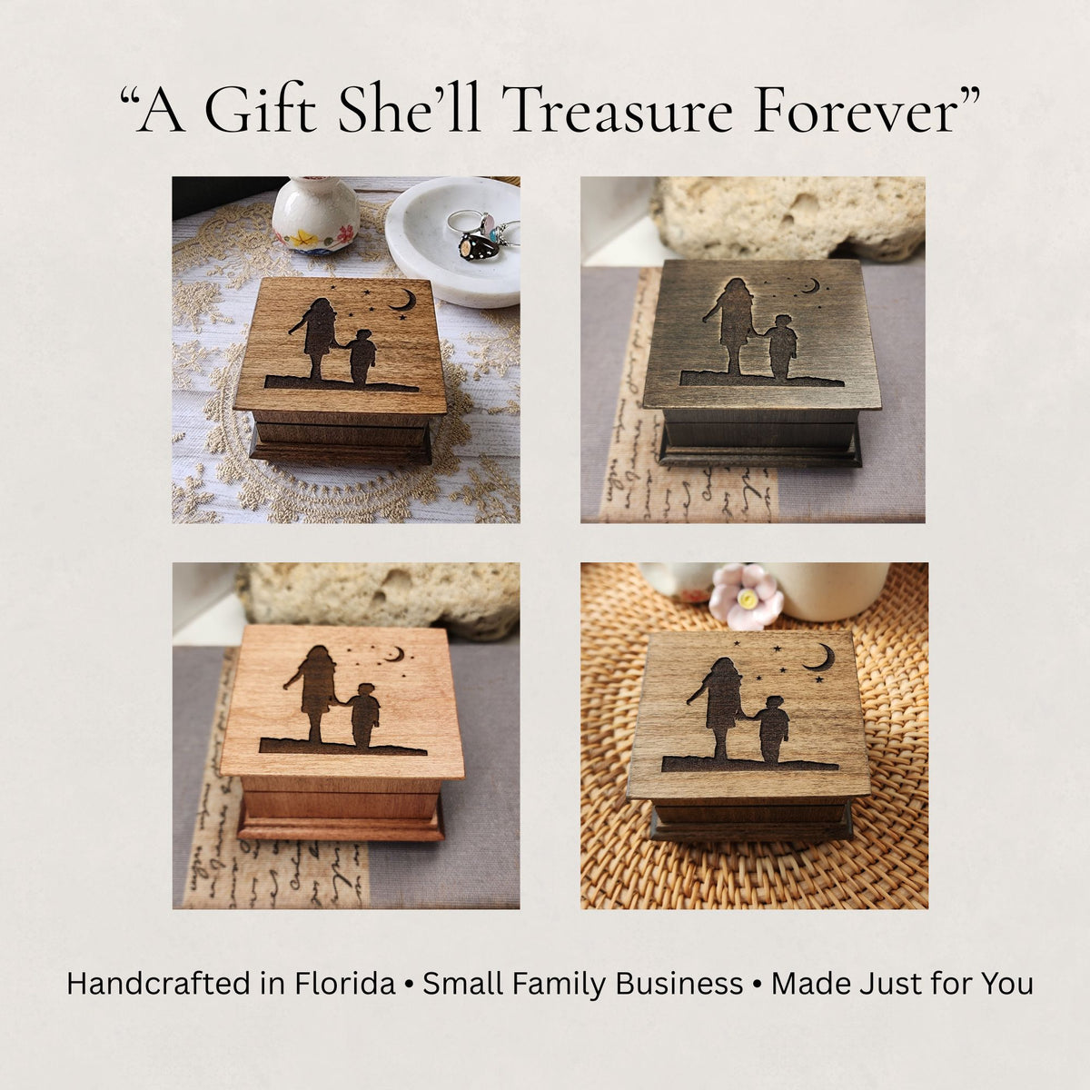 Mother’s Day Gift from Son – Wind Up Music Box for Mom, Small Engraved Wooden Music Box, You Are My Sunshine Gift