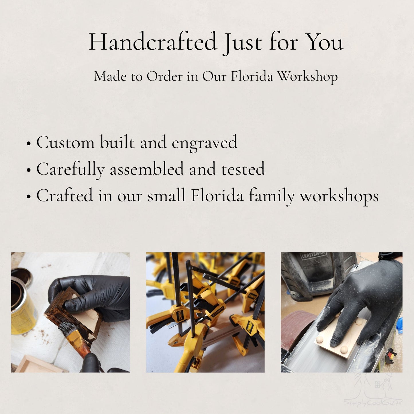 Advertisement for handcrafted music boxes made in a Florida workshop with text and images of craftsmanship.
