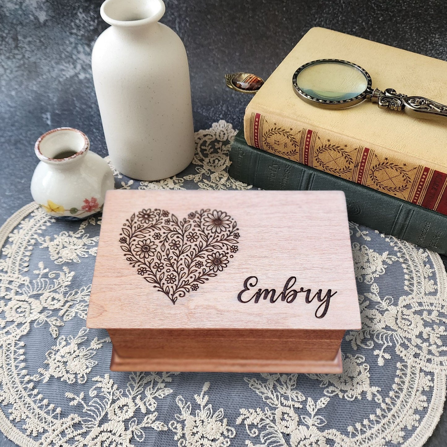 Heart engraved custom song wooden jewelry box with personalized name on lid
