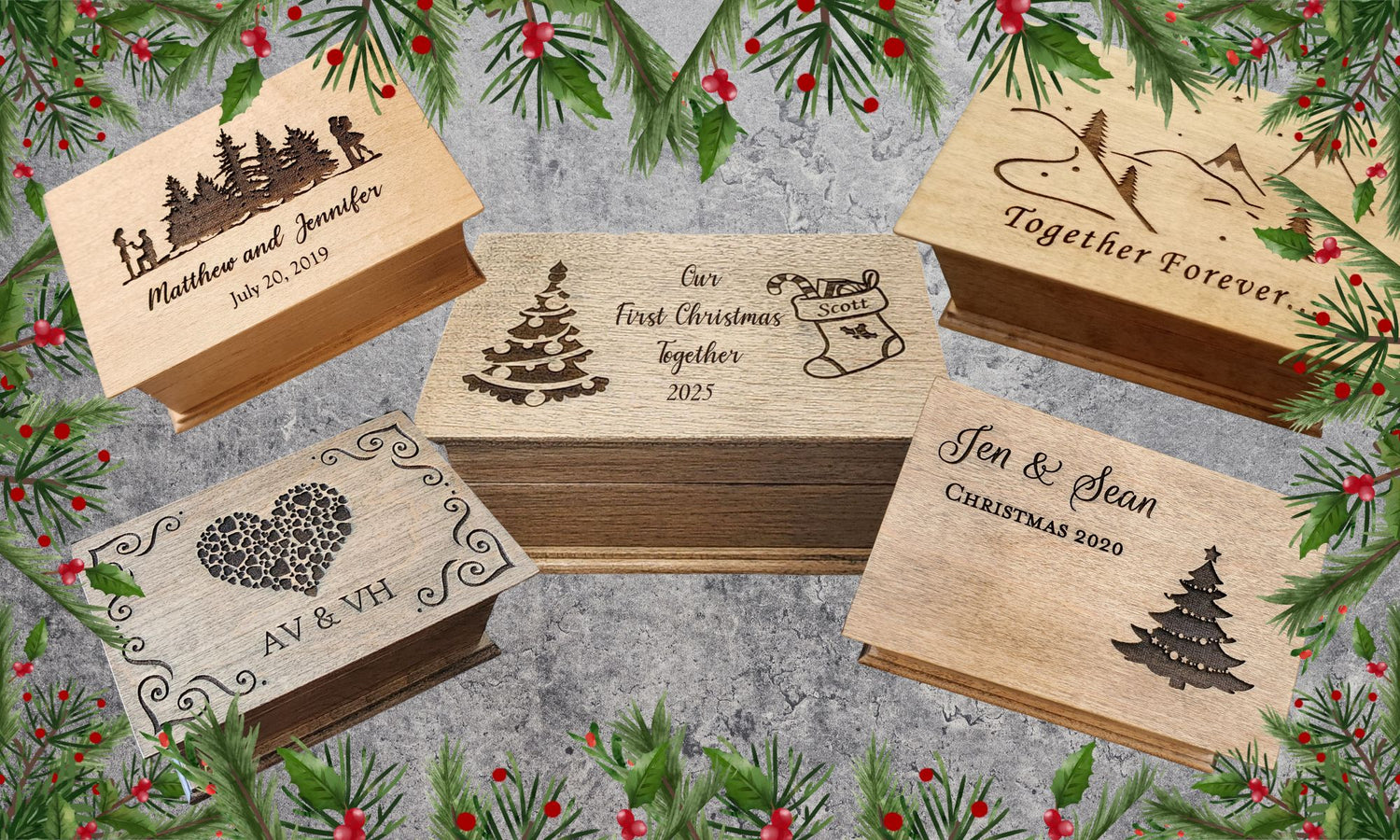 Wooden music boxes with engraved designs and text on a decorative background with Christmas elements.