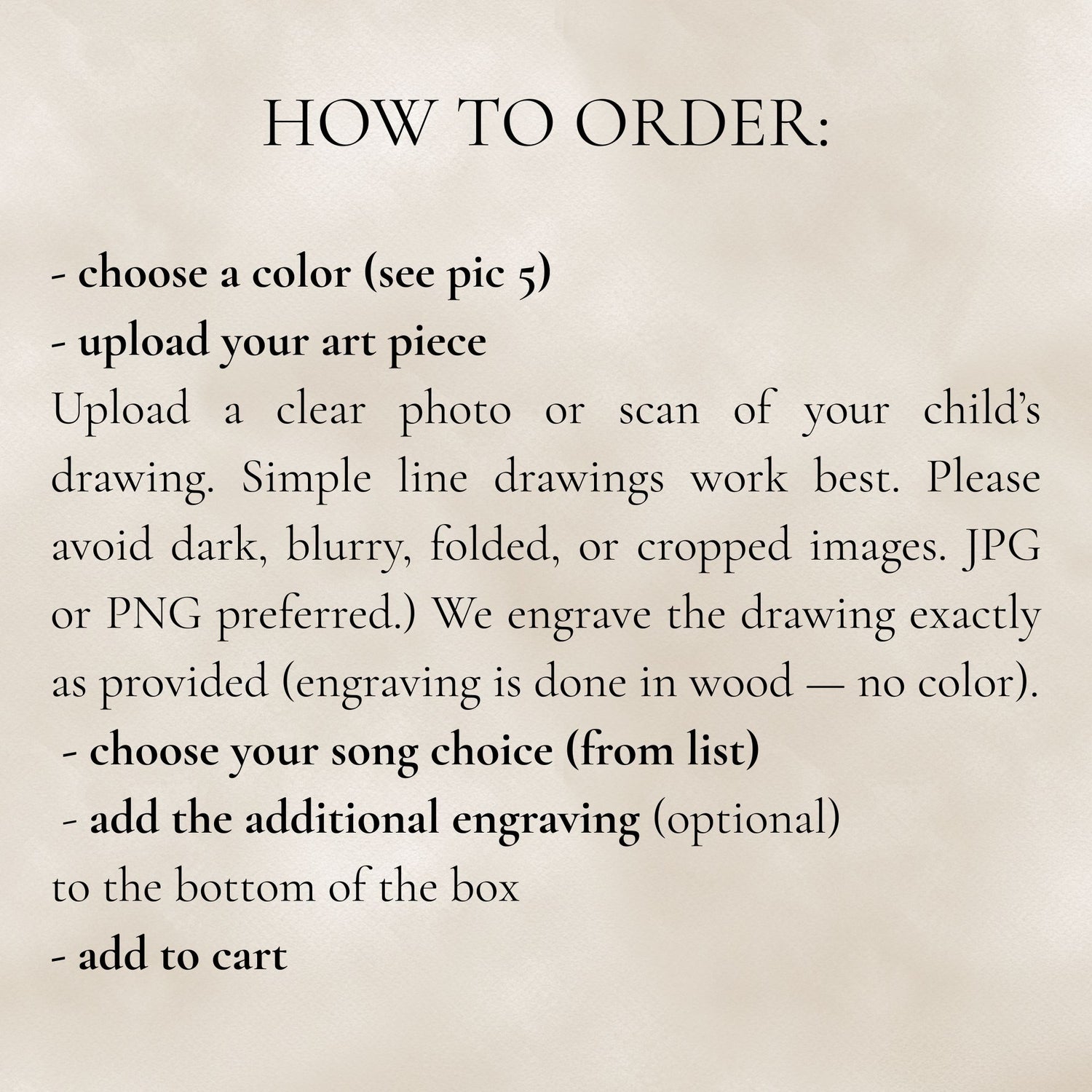 Text instructions on how to order a personalized kids drawing music box 