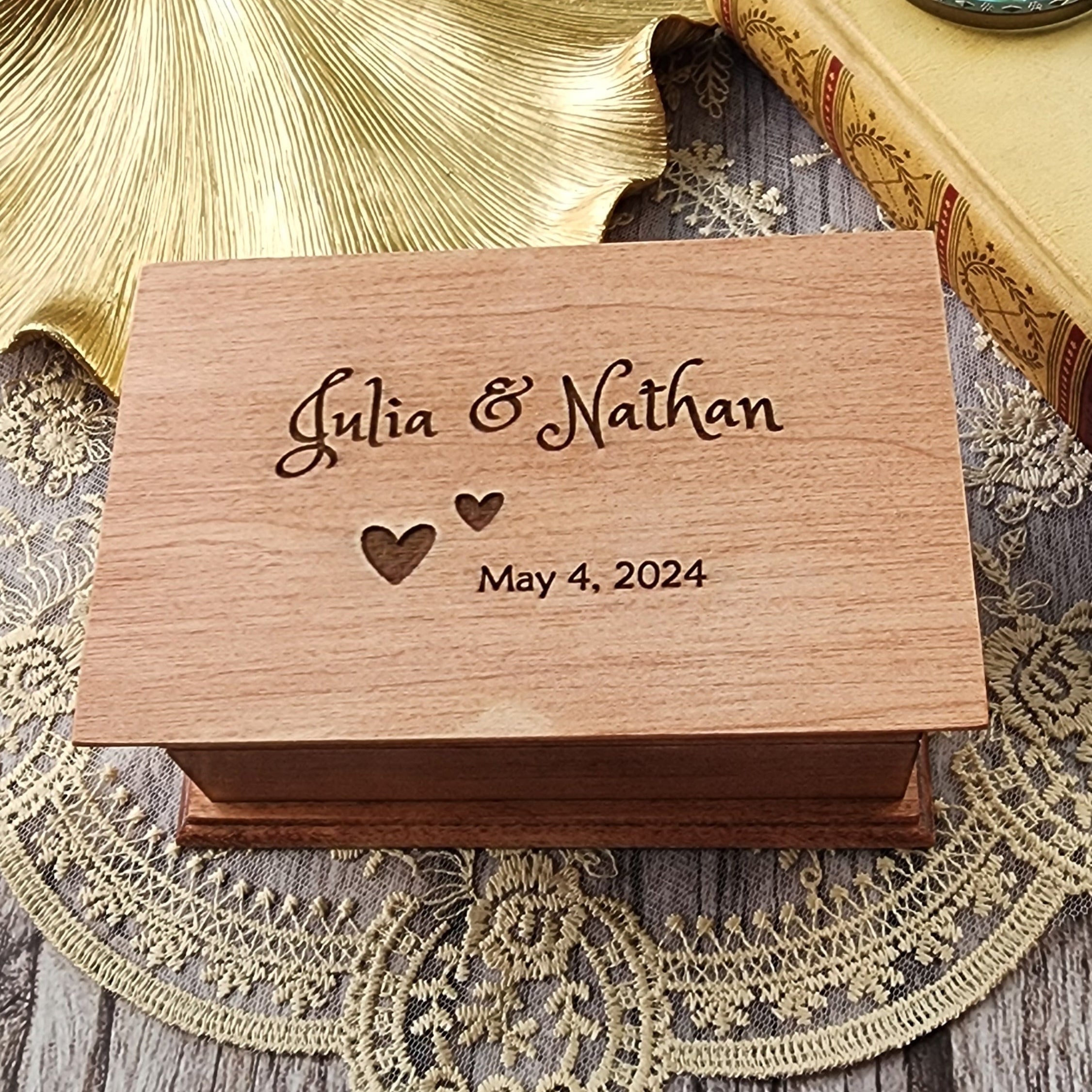 Wooden Jewelry box with names and date engraving, playing your song choice, perfect anniversary gift