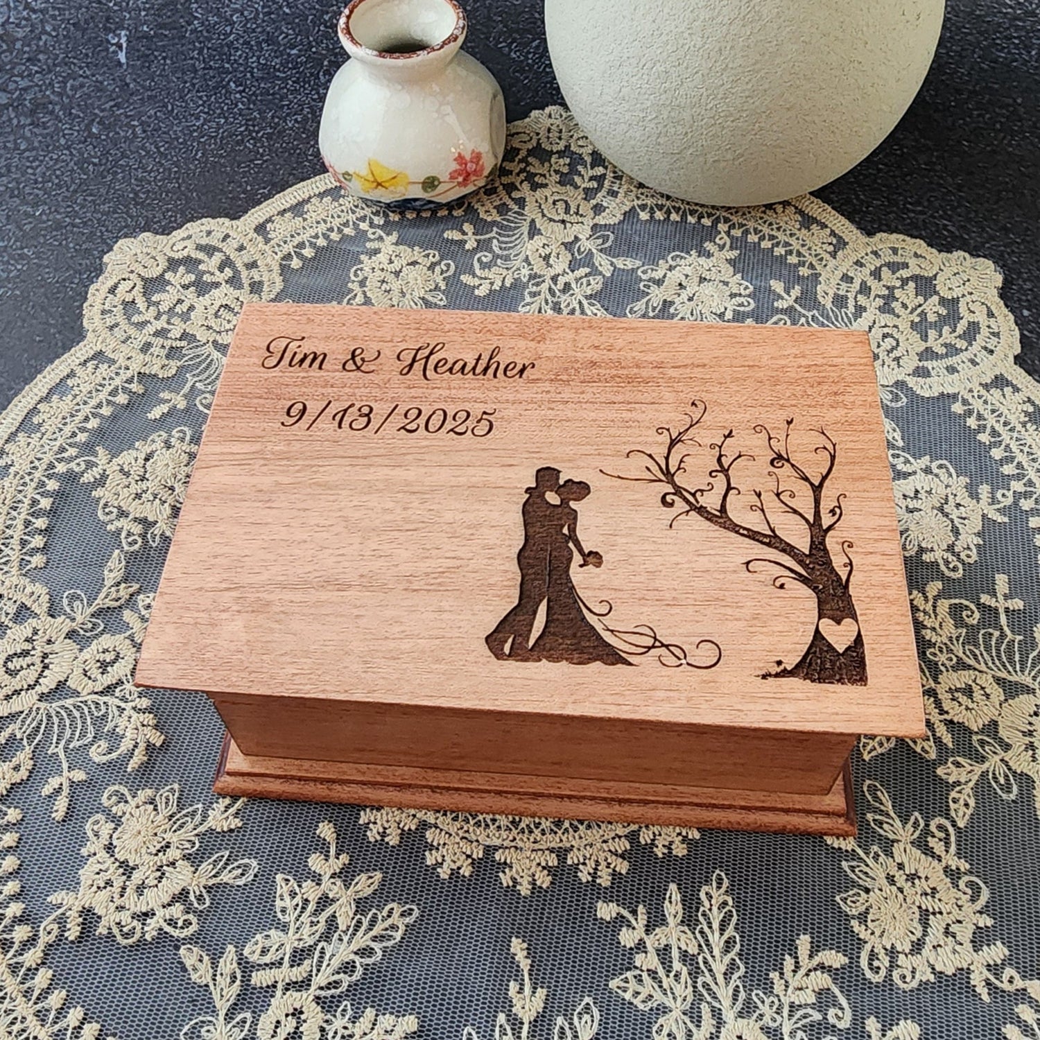 Wedding couple and tree engraved jewelry box with names and date, plays your song, choose color, add personalized engraving