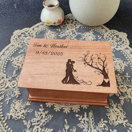 Wedding couple and tree engraved jewelry box with names and date, plays your song, choose color, add personalized engraving