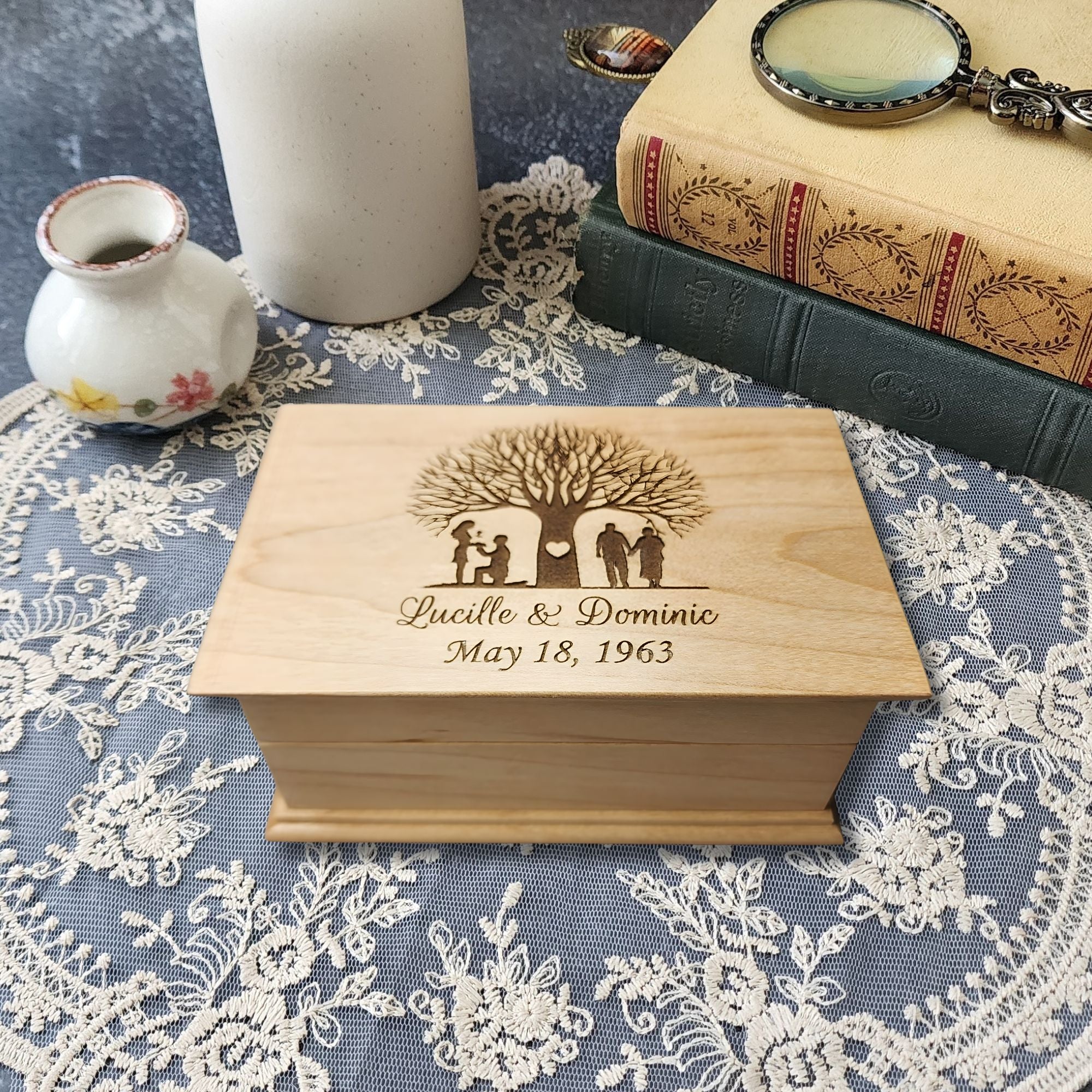 Wedding Anniversary Jewelry box with couple and tree design with names and date underneath,  choose color, add your song