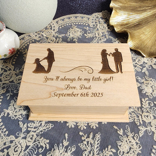 Engraved wooden jewelry box with father and daughter silhouettes — personalized “You’ll always be my little girl” design, handcrafted by SimplyCoolGifts