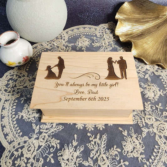 Engraved wooden jewelry box with father and daughter silhouettes — personalized “You’ll always be my little girl” design, handcrafted by SimplyCoolGifts