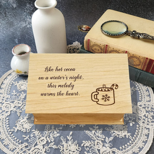 Handmade Christmas music box engraved with hot cocoa mug and holiday quote: " Like hot cocoa on a winter's night, this melody warms the heart. "