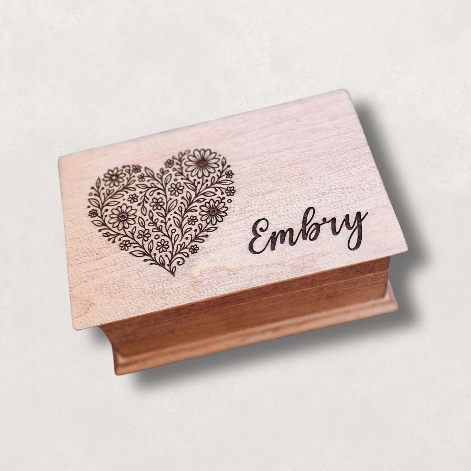 Heart engraved custom song wooden jewelry box with personalized name on lid