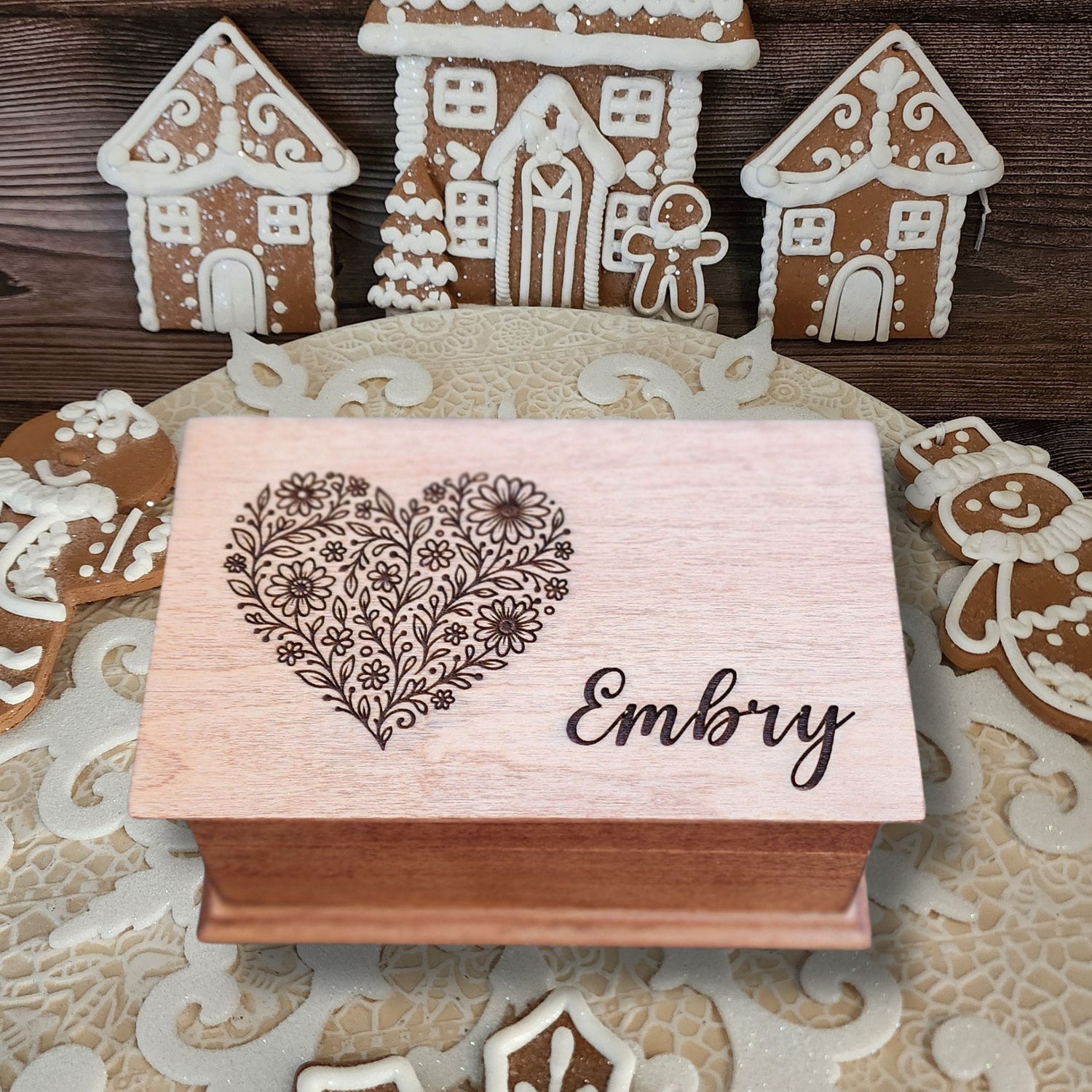 Heart engraved custom song wooden jewelry box with personalized name on lid