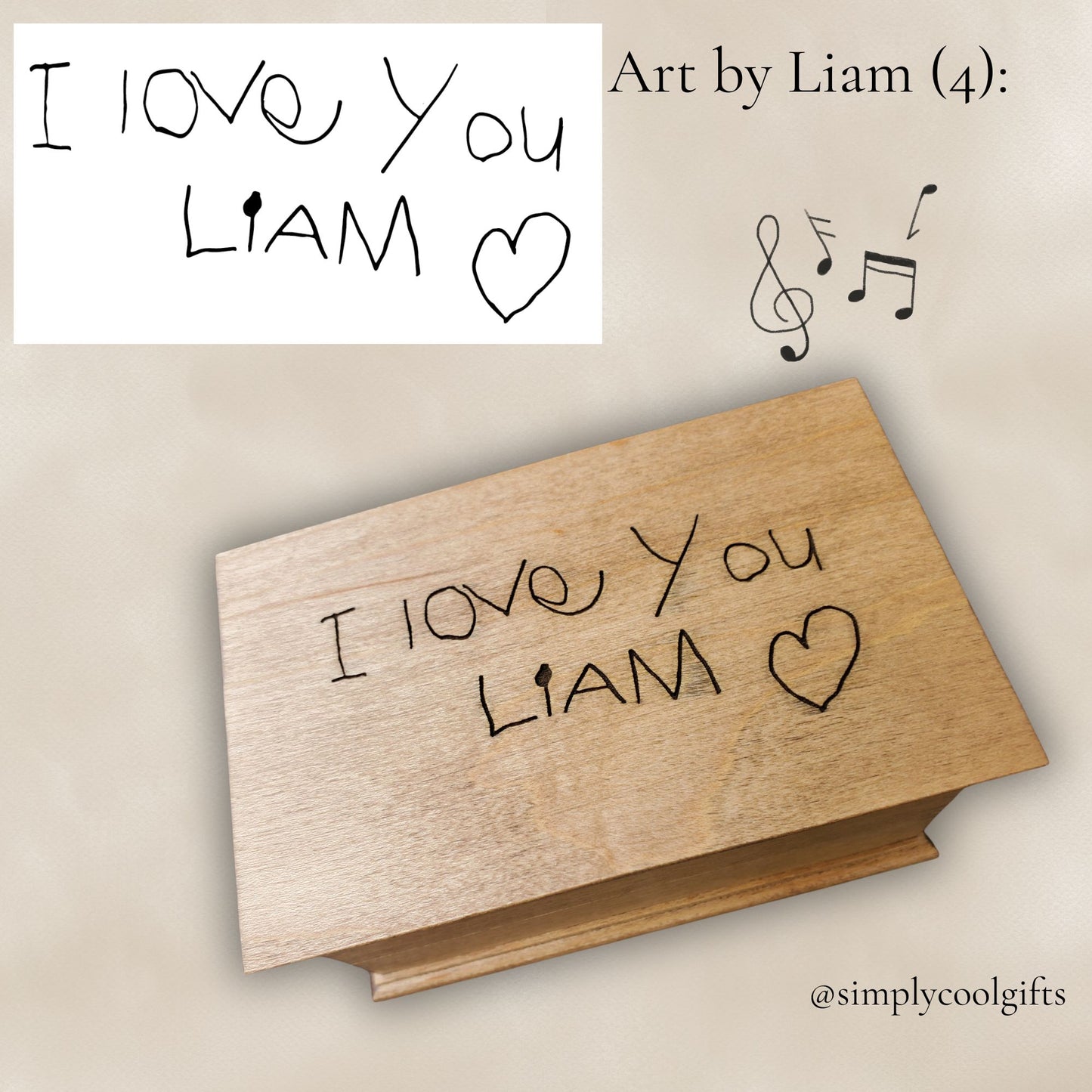 Kids Drawing Jewelry Music Box with Voice Recording – Custom Child Artwork Engraved Keepsake Box for Mom – Personalized Gift from Kids