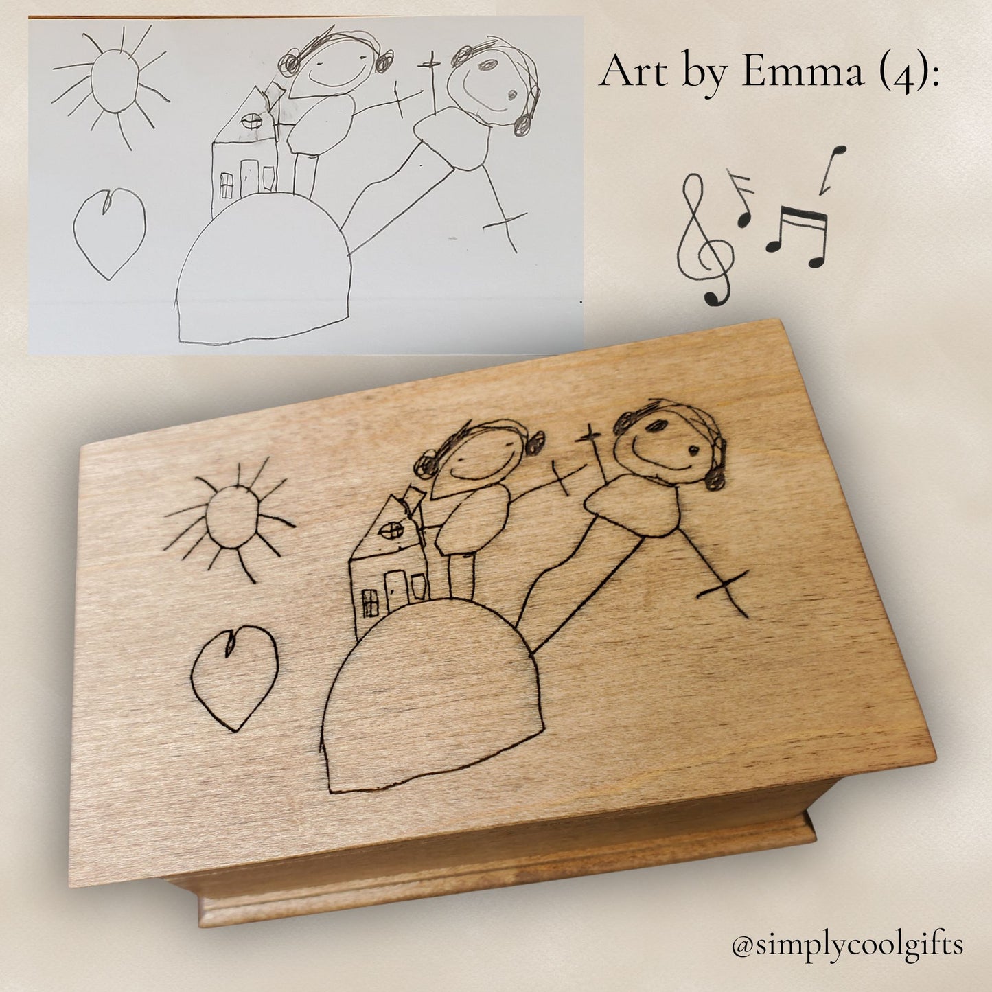 Kids Drawing Jewelry Music Box with Voice Recording – Custom Child Artwork Engraved Keepsake Box for Mom – Personalized Gift from Kids