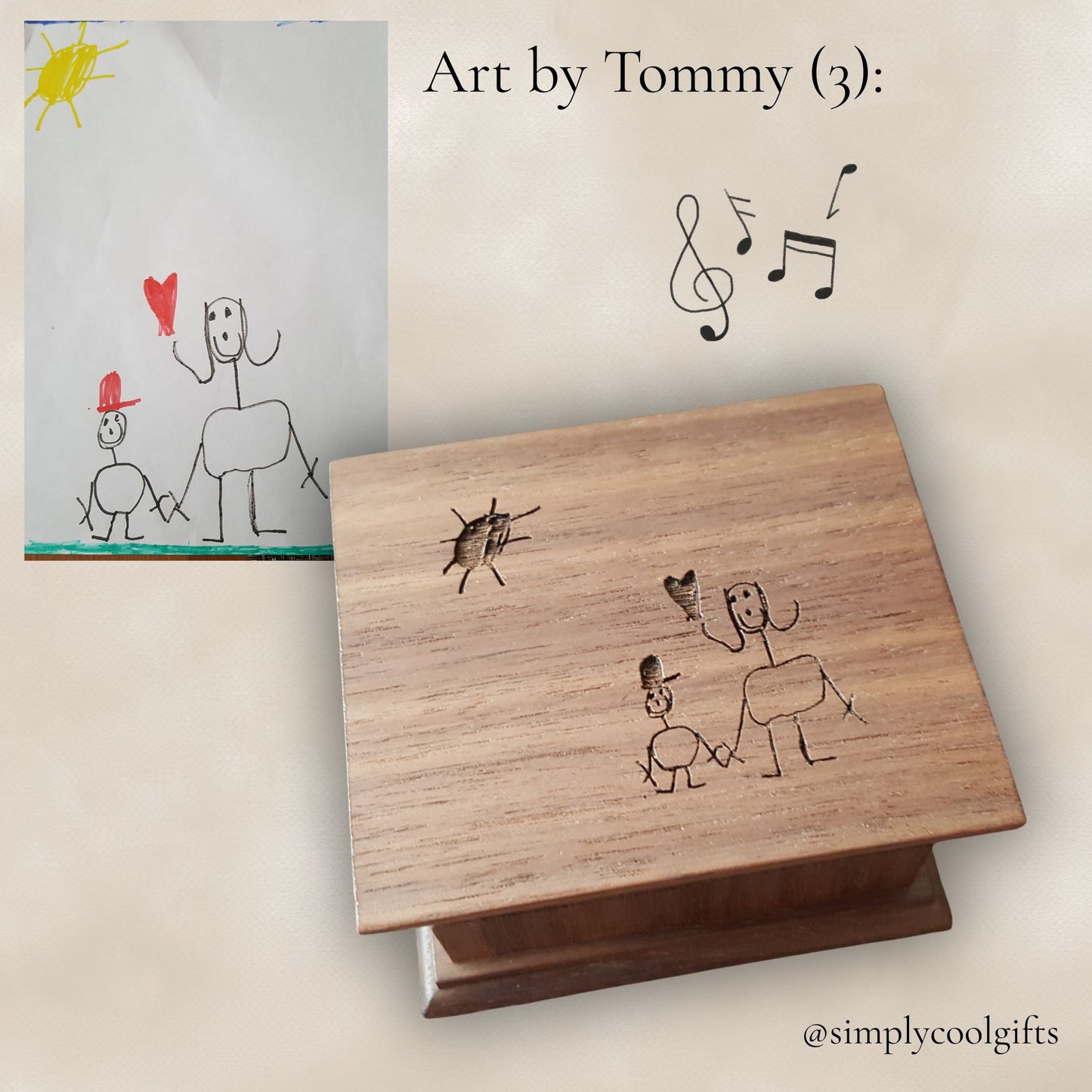 Kids drawing engraved on a wooden music box, send the drawing, choose color, song and we create the best gift for mom together