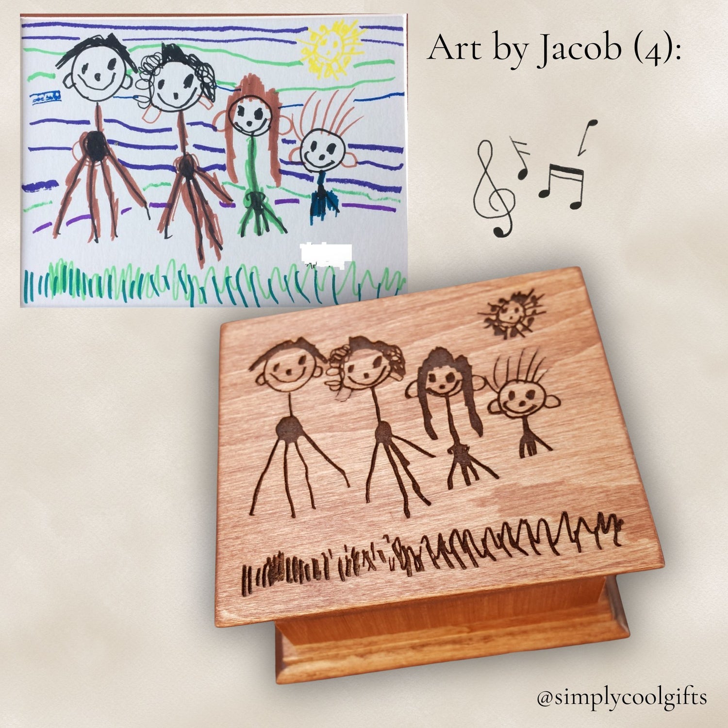 Wooden music box with engraved stick figure family design next to a child's drawing of a family.