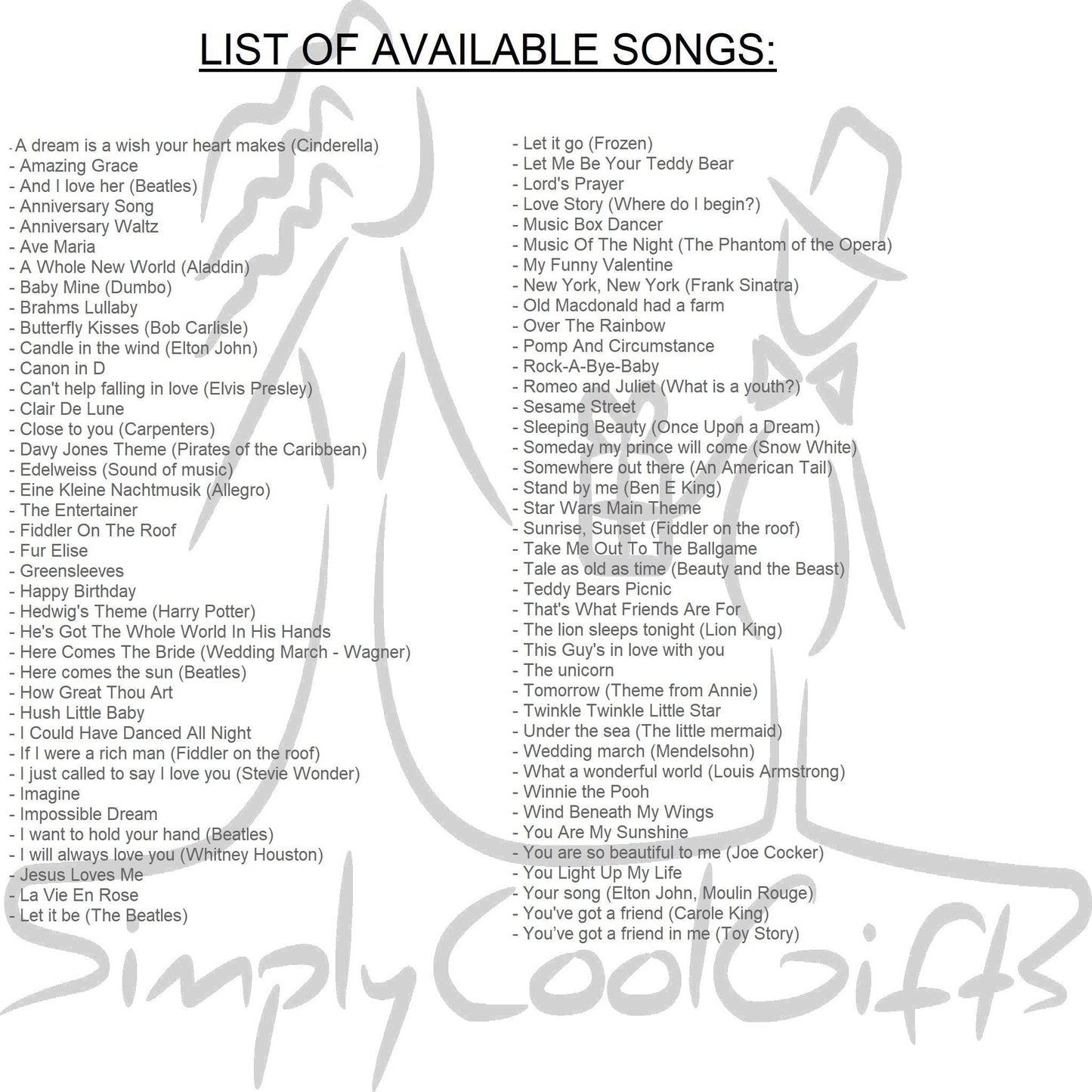 list of song for music box to choose from, CLose to you, Happy Birthday, Here comes the sun, 