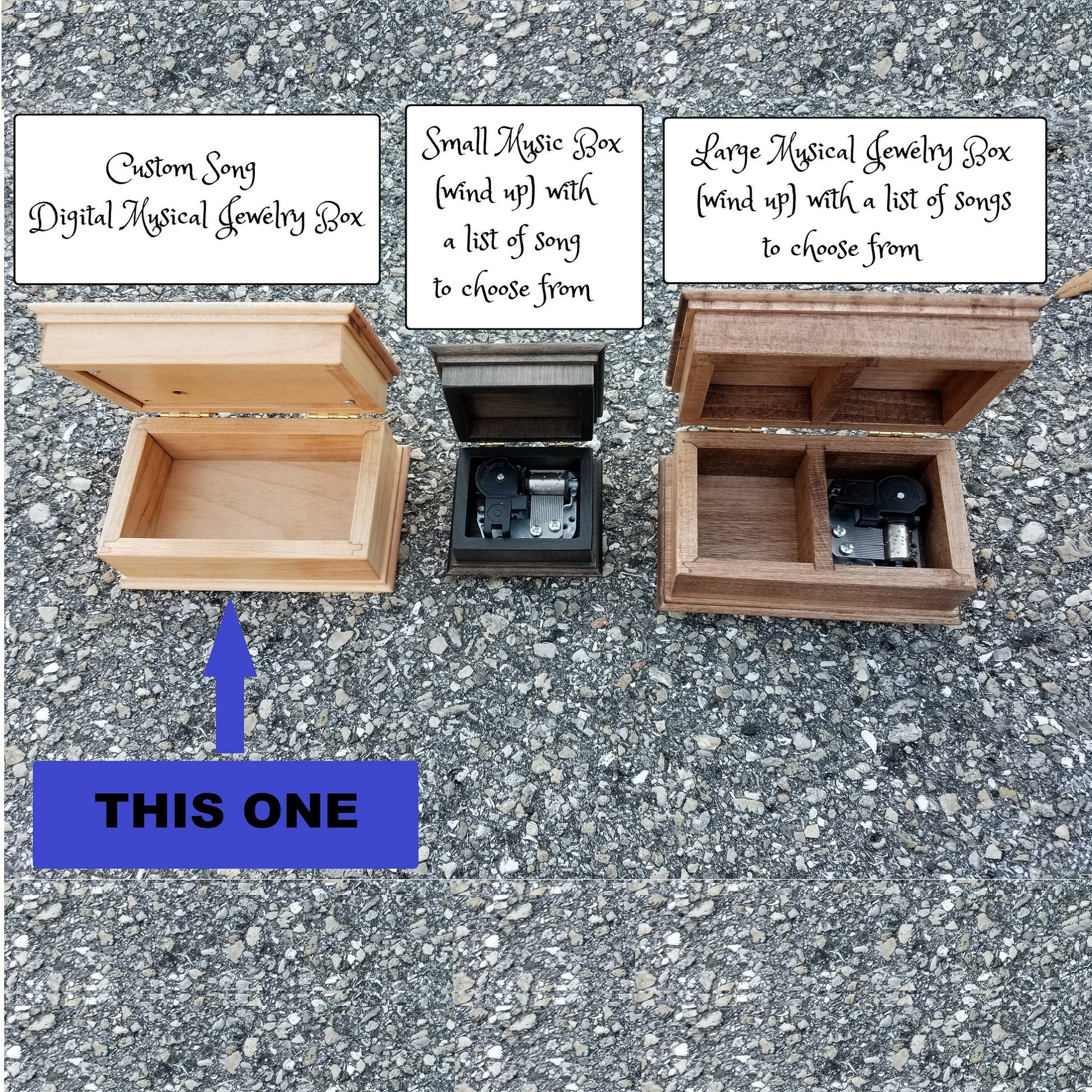 Comparison photo of the music box styles I have with explaining that this is the one of the large size boxes with the music player under the lid and the compartment for jewelry.