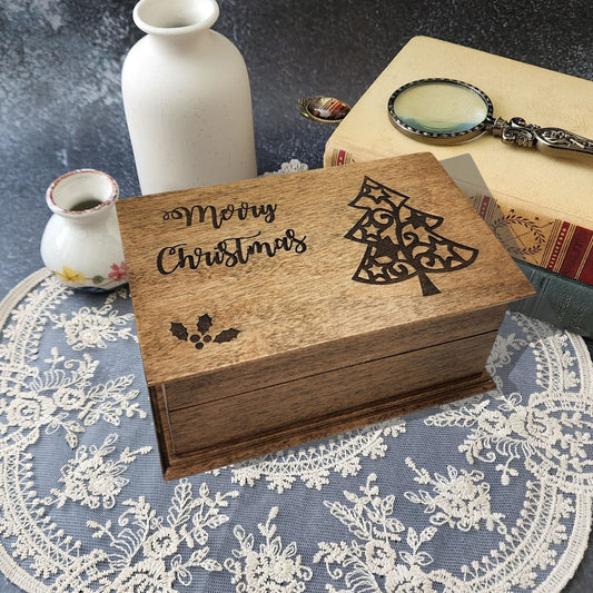 Merry Christmas Wooden Music Box – Handmade Personalized Holiday Keepsake, Choose Your Song