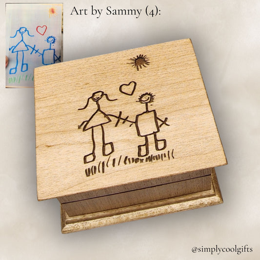 Kids drawing engraved on a wooden music box, send the drawing, choose color, song and we create the best gift for mom together