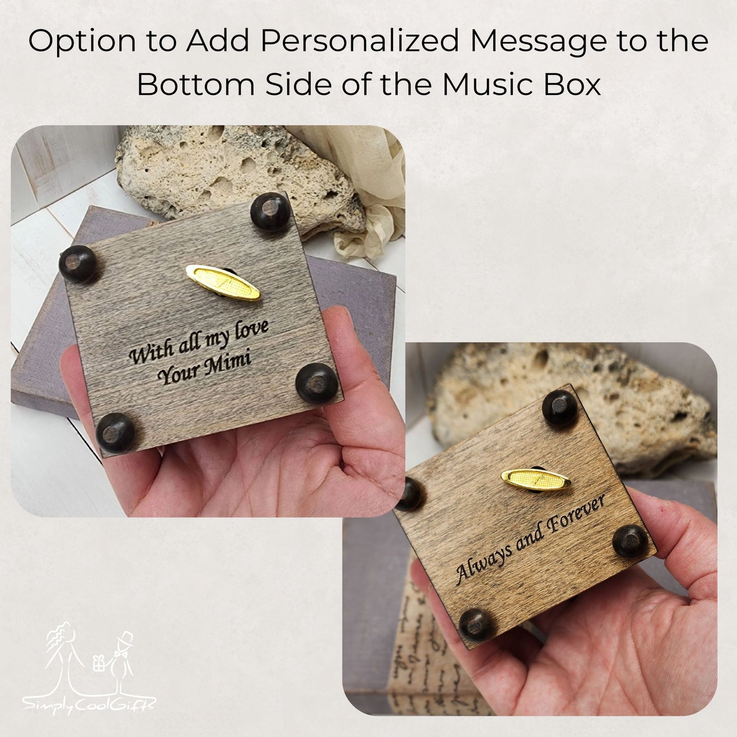Wooden music box showing the bottom side of it with engraved message, held by a hand, on a textured surface.