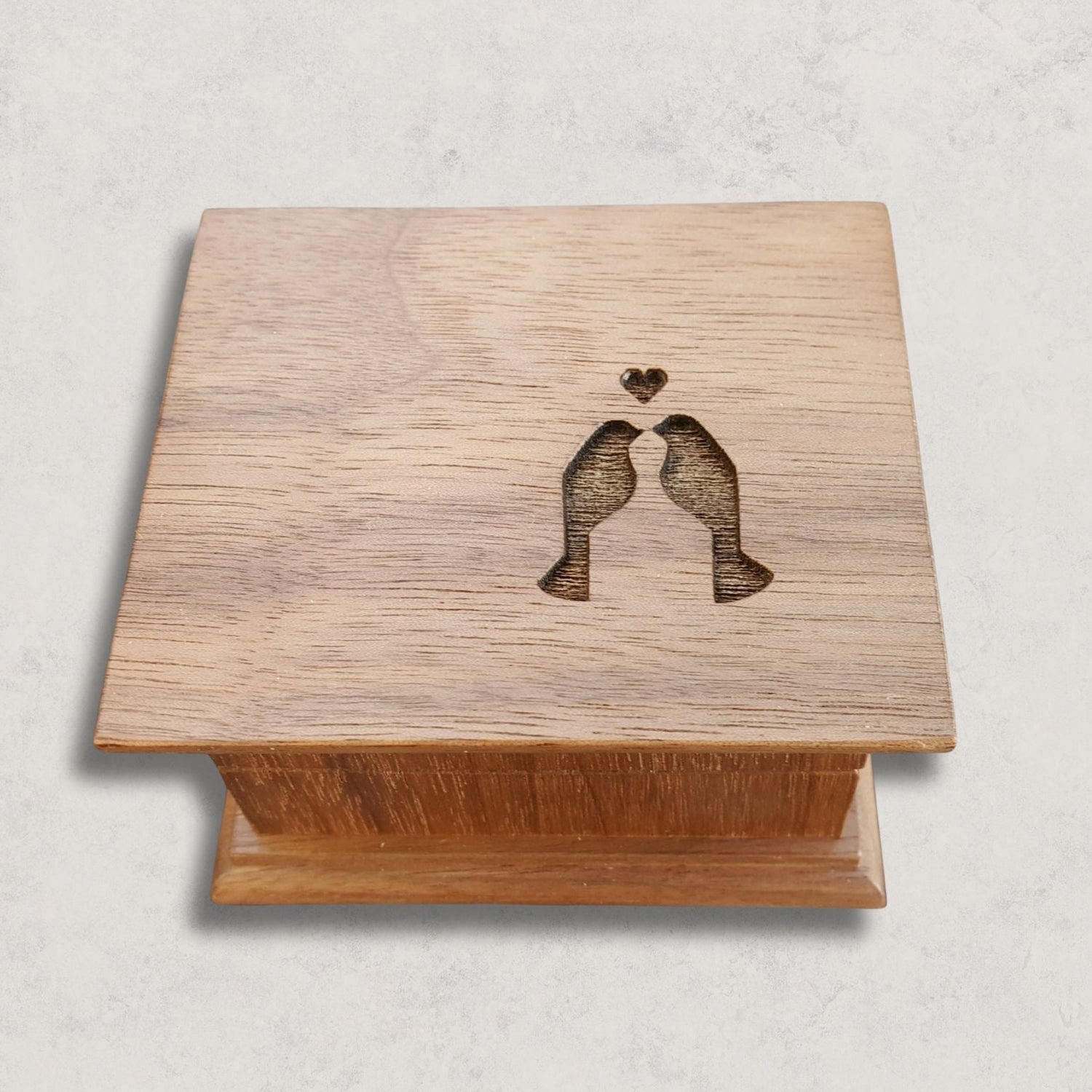 Handmade love birds wooden music box with wind up mechanism and engraved personalized message on bottom