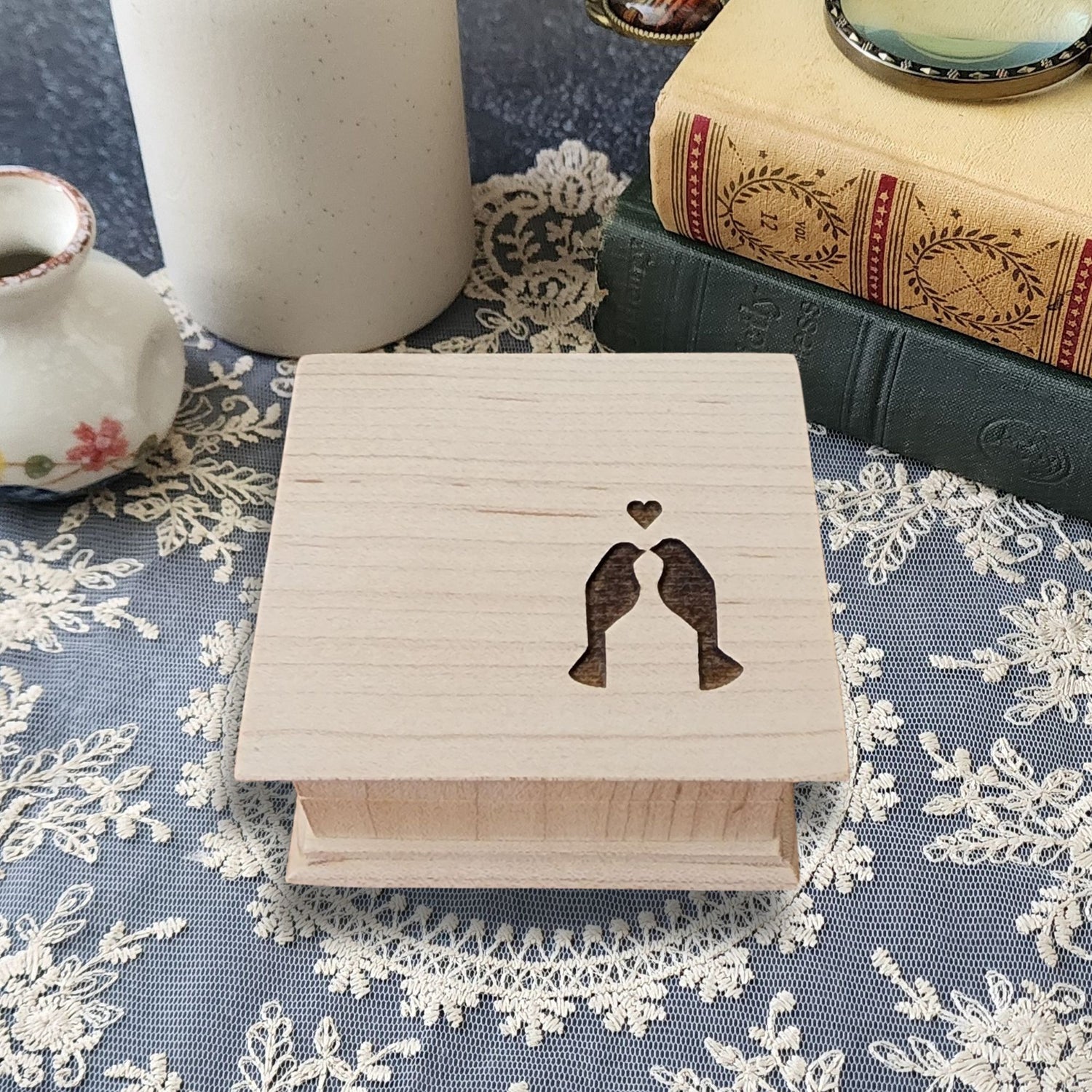 Handmade love birds wooden music box with wind up mechanism and engraved personalized message on bottom