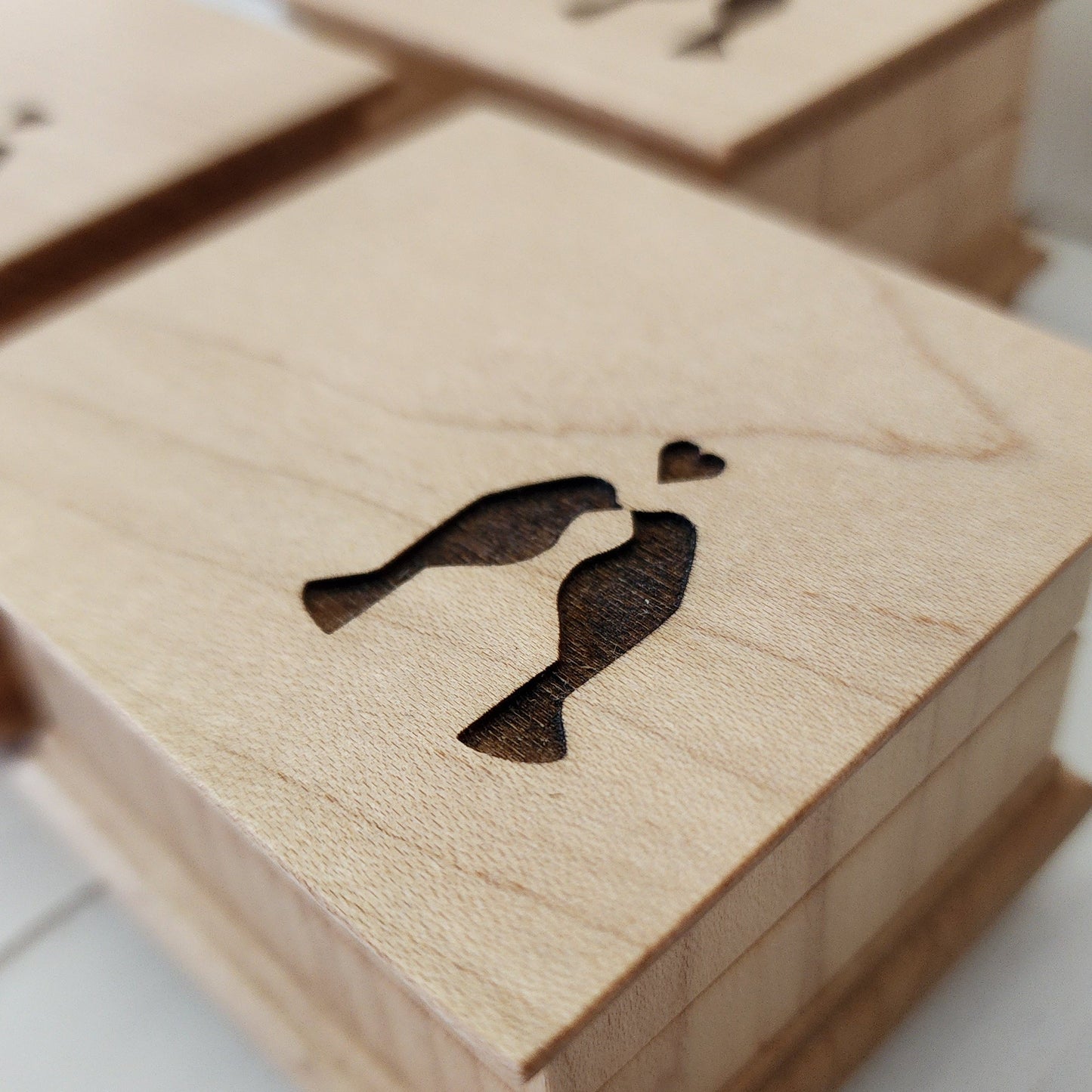  love birds wooden music box with wind up mechanism and engraved personalized message on bottom