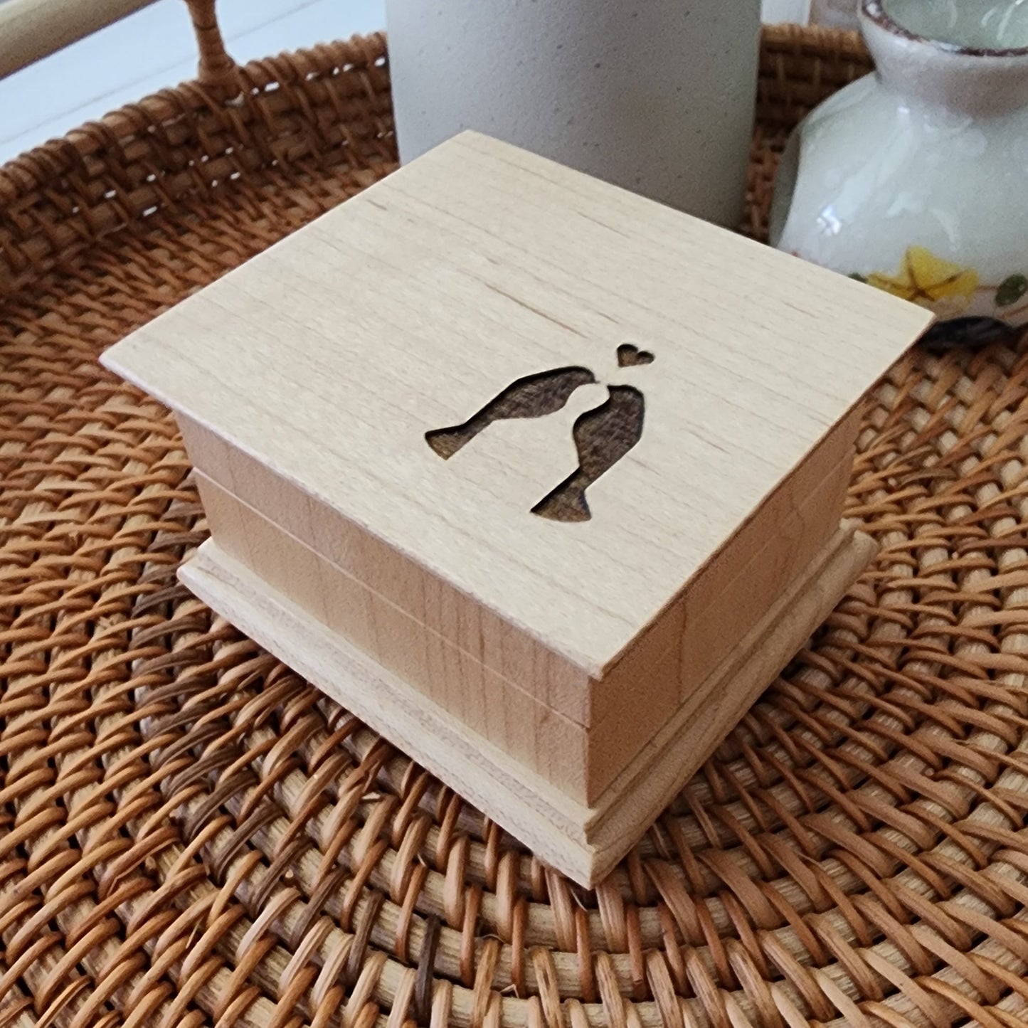 Handmade love birds wooden music box with wind up mechanism and engraved personalized message on bottom