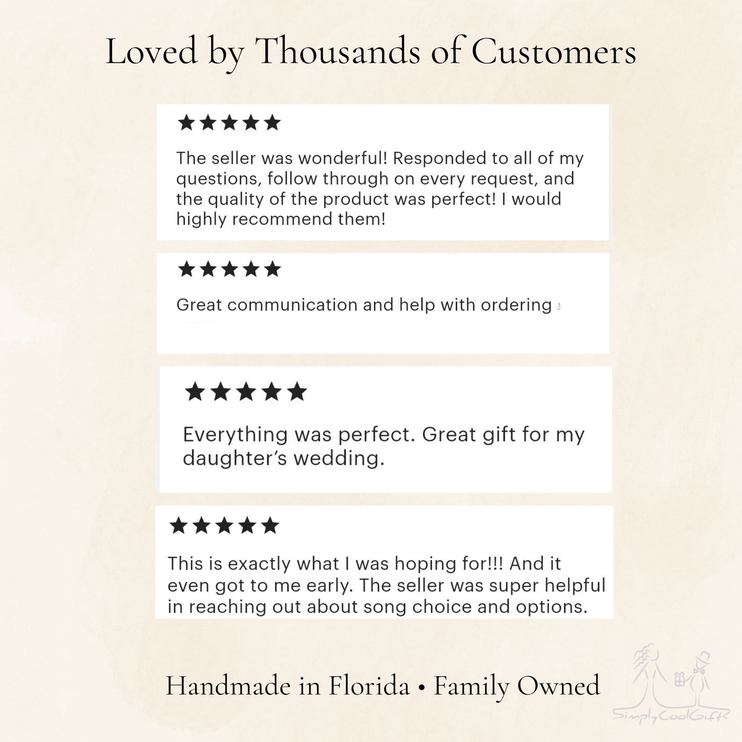 Five-star reviews from satisfied customers on a beige background with 'Handmade in Florida • Family Owned' text.
