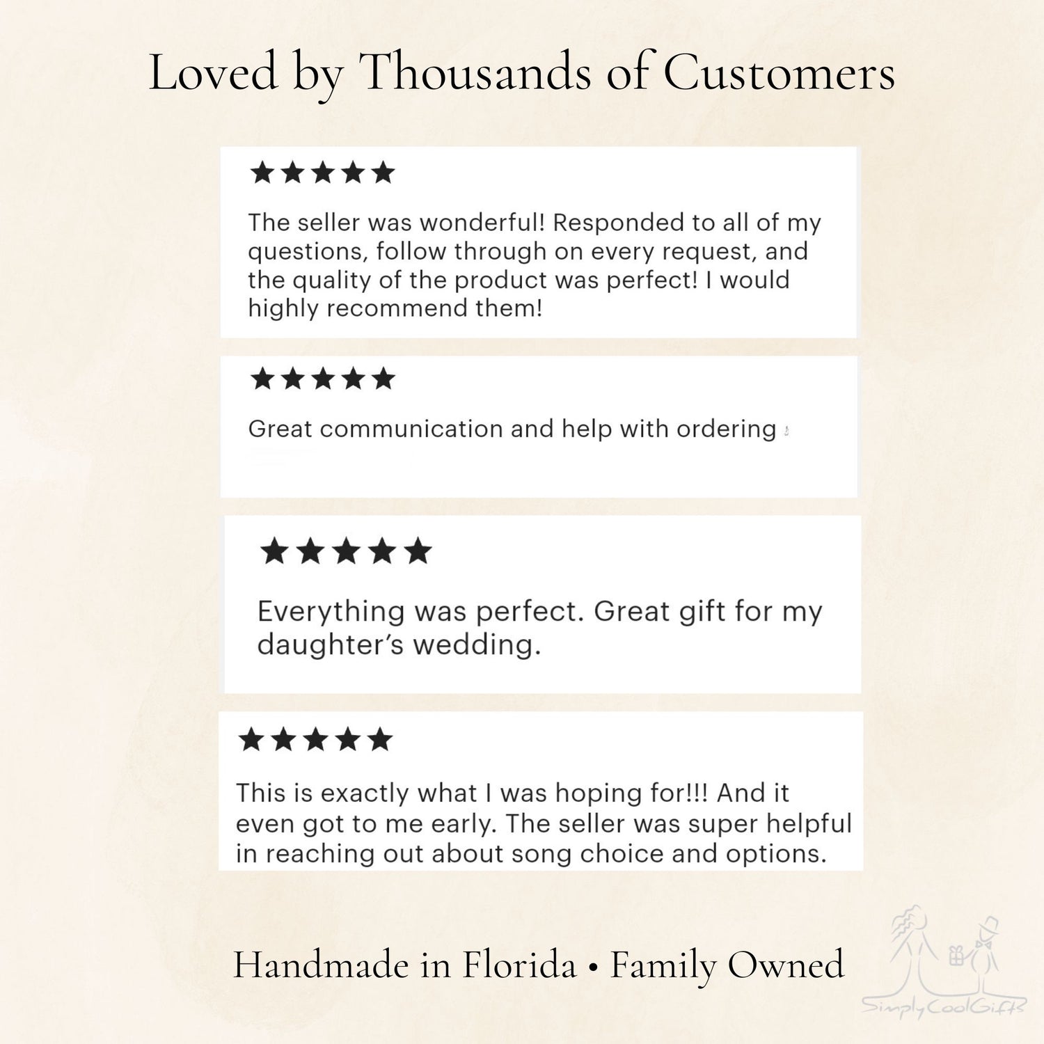 Five-star reviews from satisfied customers on a beige background with 'Handmade in Florida • Family Owned' text.