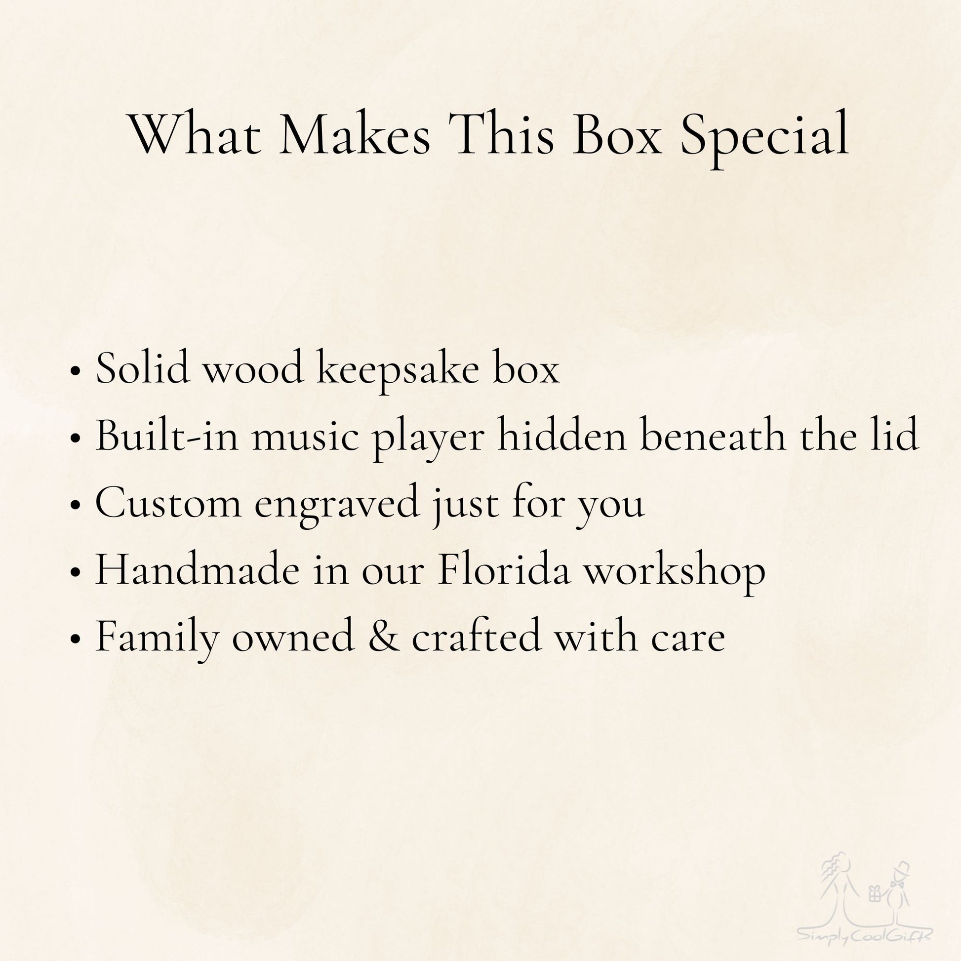 Text describing the special features of a solid wood keepsake box with a music player, engraved message, and family-owned craftsmanship.