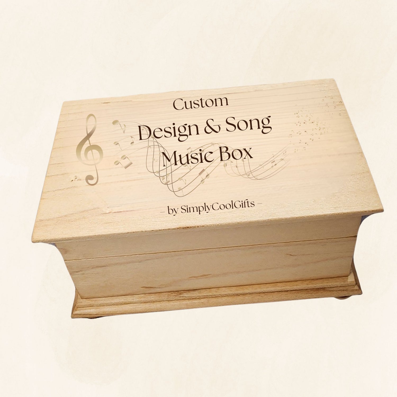 A wooden music jewelry box with engraved text that reads 'Music Jewelry Box with Custom Song, Custom Design and Color - by Simplycoolgifts'.