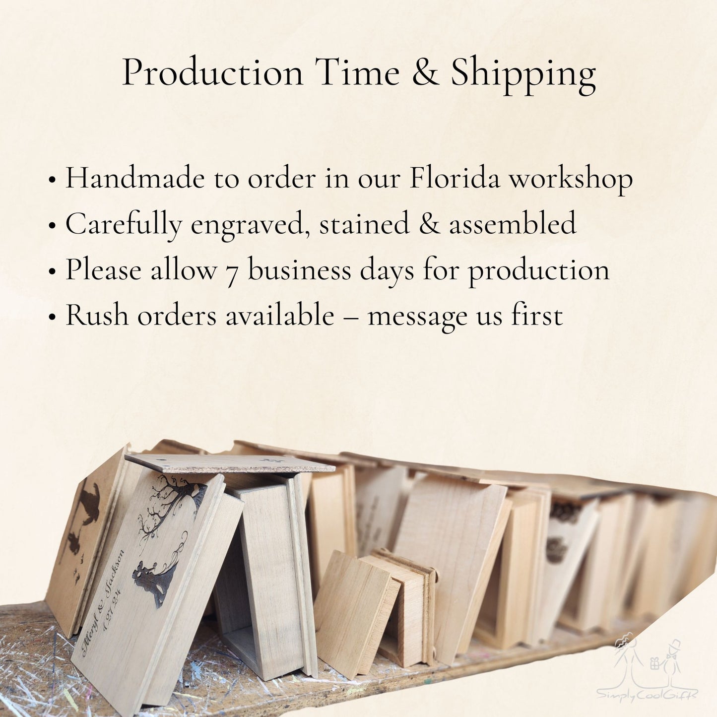 Wooden product with engraved details on a workshop surface, text about production time and shipping.