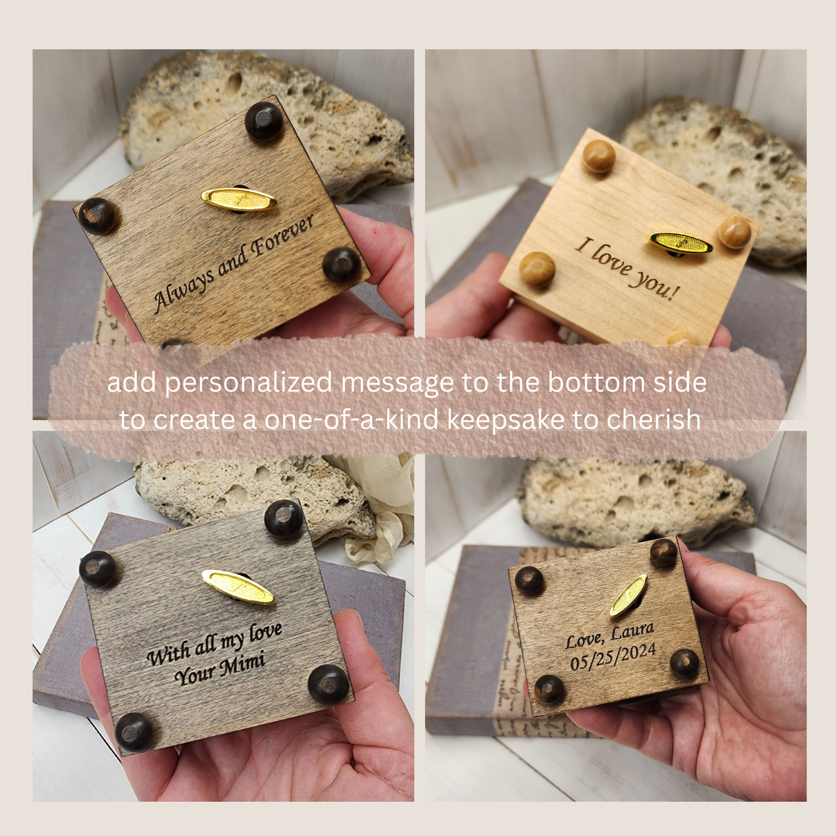 Wooden music boxes with engraved messages on the bottom side, held by hands, set against a neutral background. 