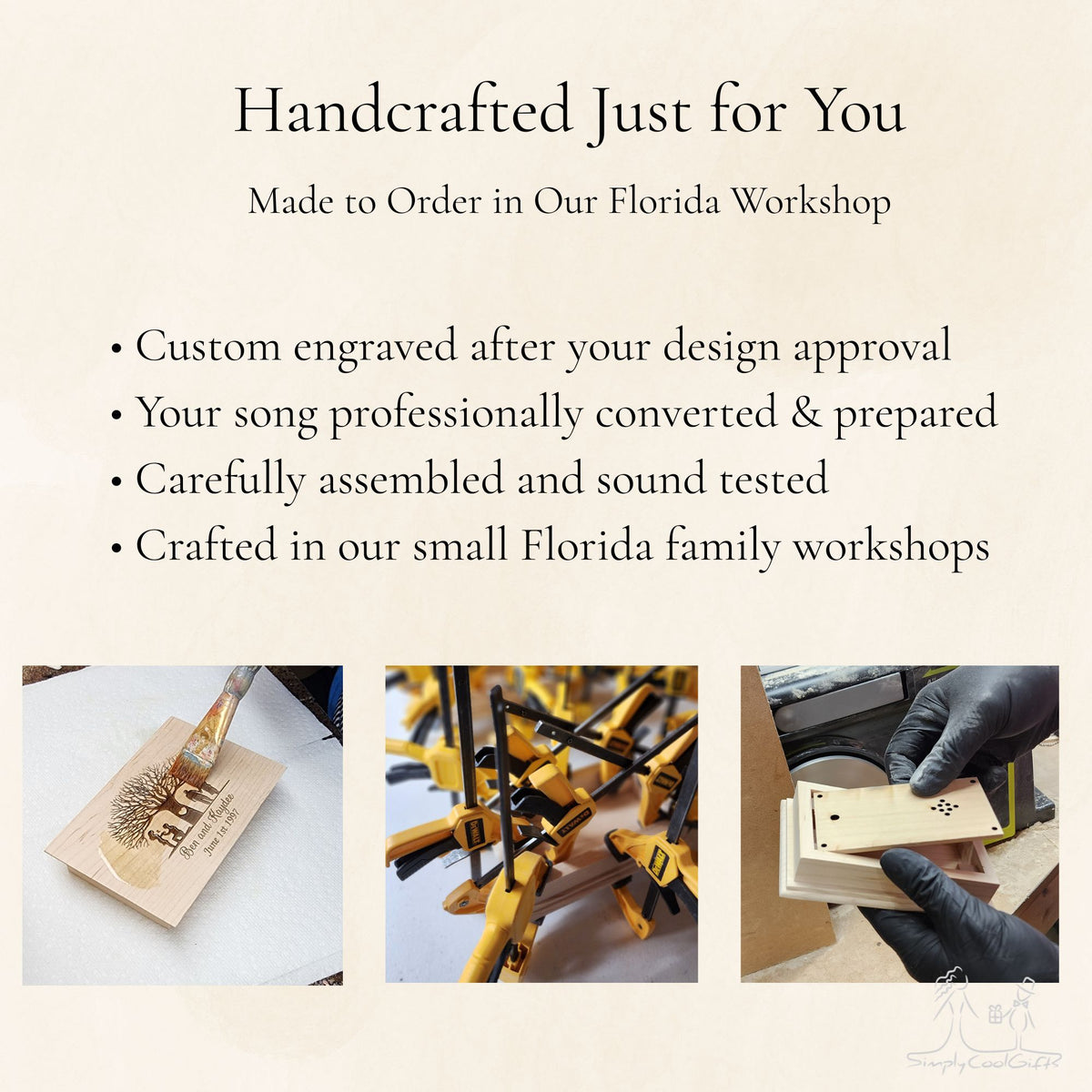 Advertisement for handcrafted msuic boxes made in a Florida workshop with text about custom engraving and assembly.