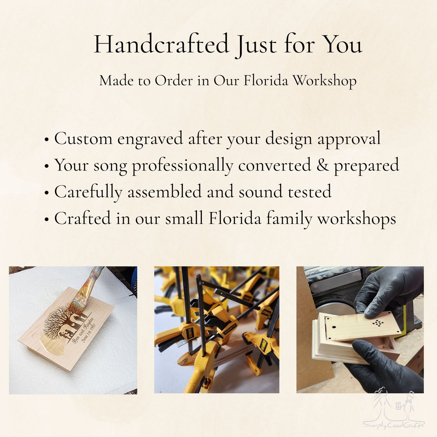 Advertisement for handcrafted msuic boxes made in a Florida workshop with text about custom engraving and assembly.