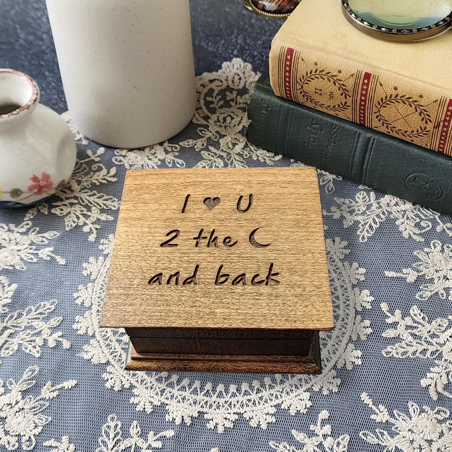 Music Box I Love You to the Moon and Back  – Personalized Small Wind-Up Wooden Box