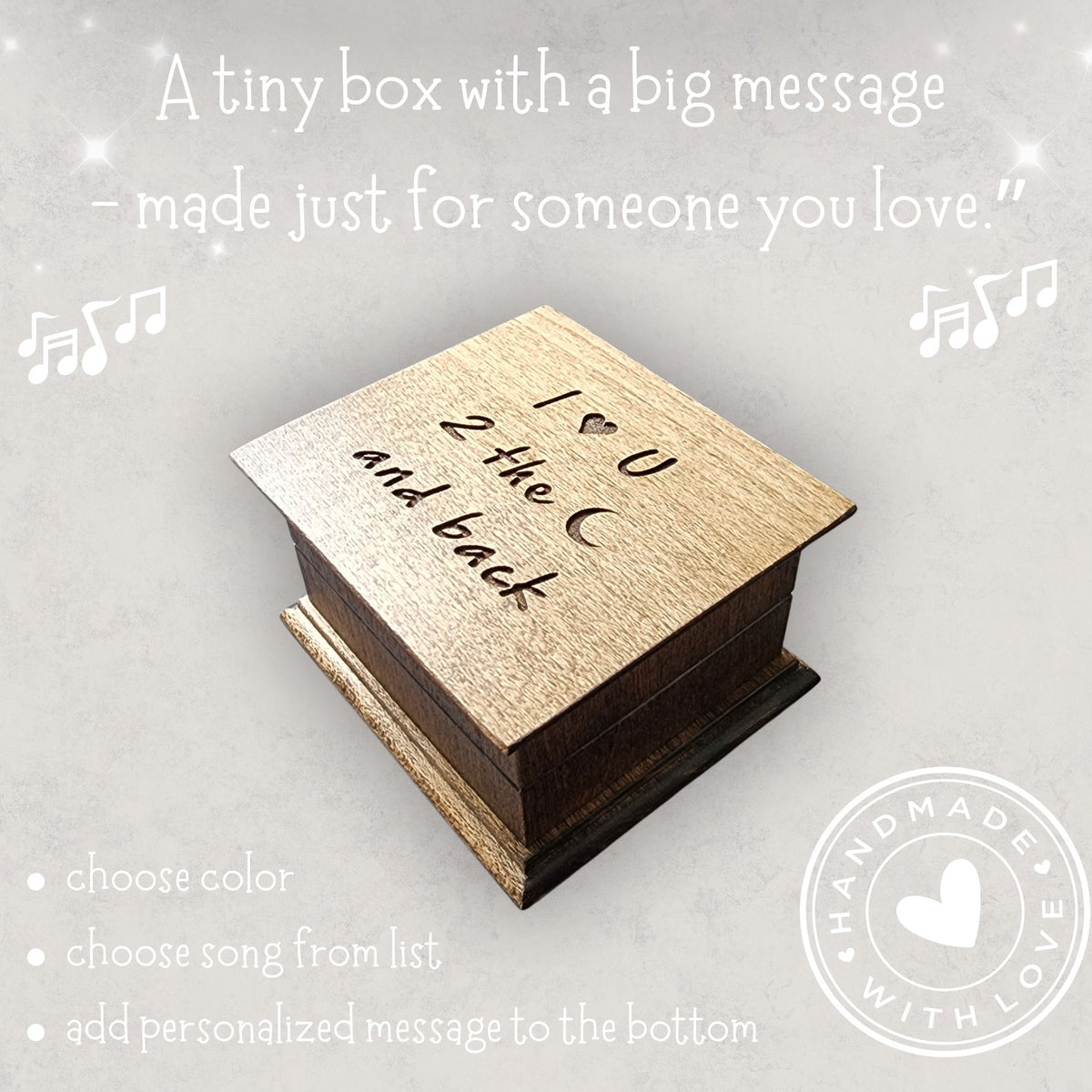 Wooden box with 'I ❤️ U ❤️ and back' text on a light gray background.