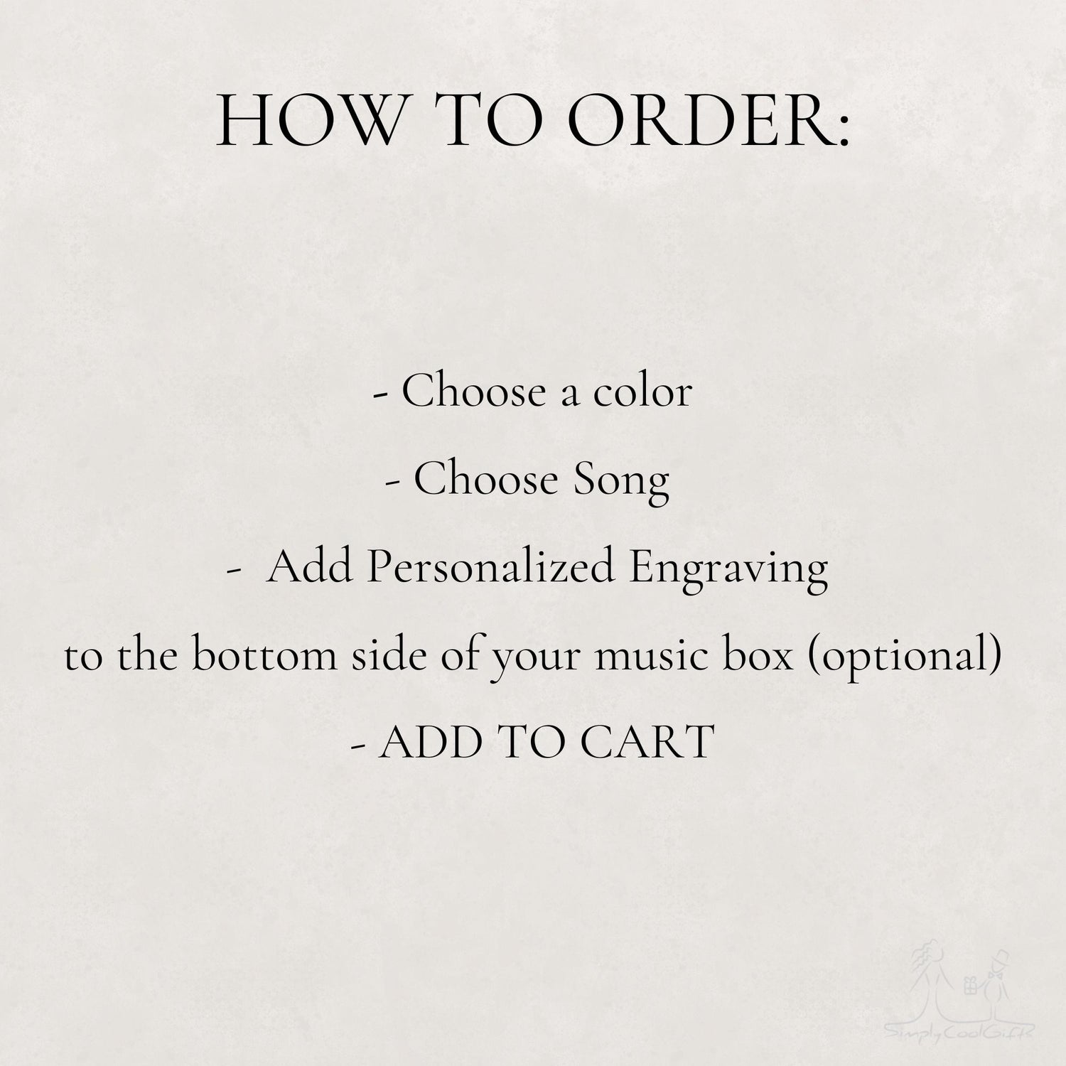 Text instructions on how to order a product with a plain background