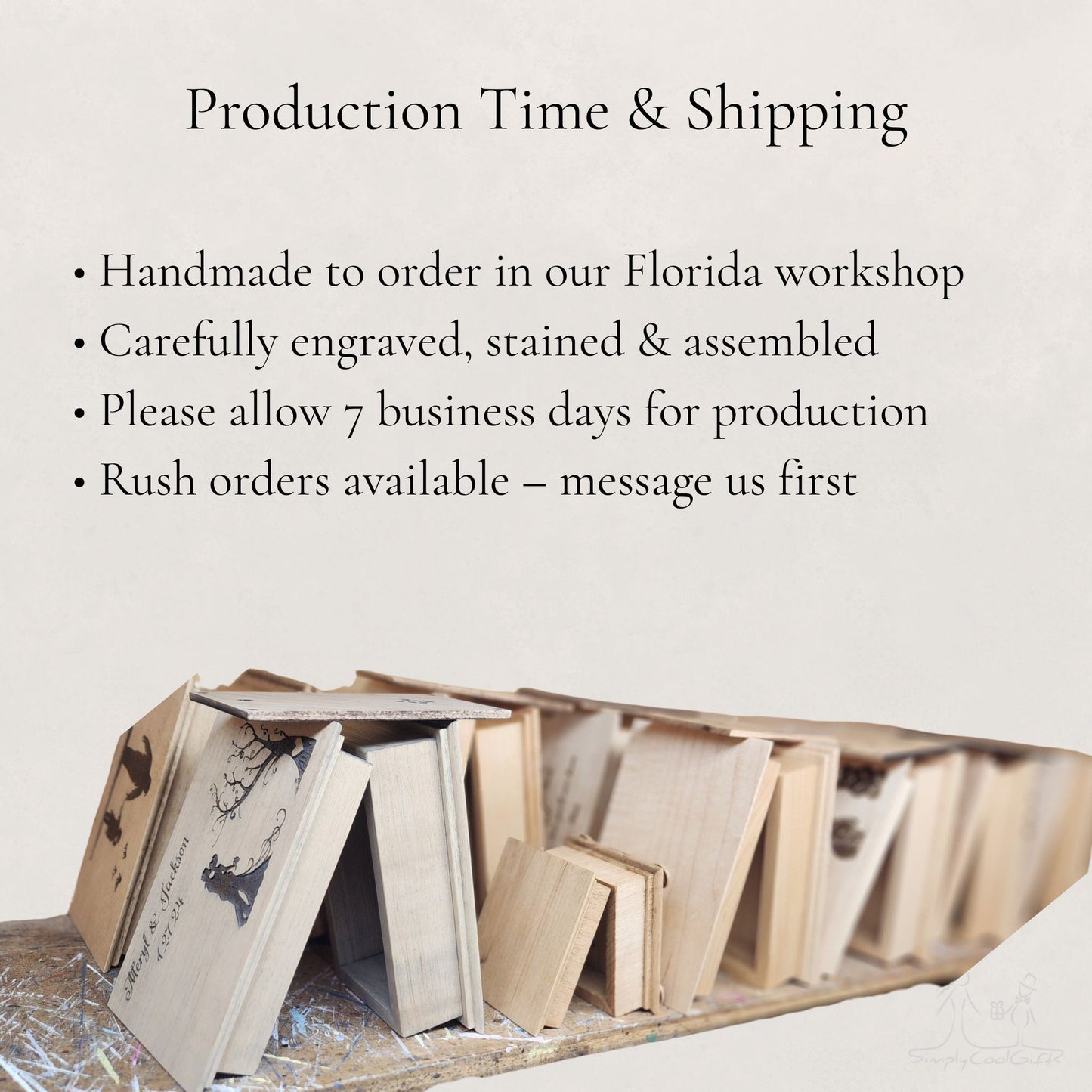 Wooden music boxes with engraved details on a white background, accompanied by text about production time and shipping.