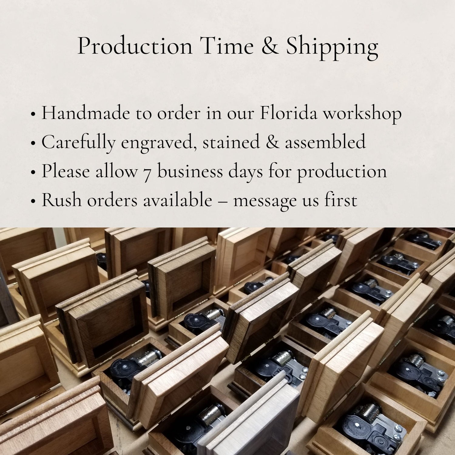 Wooden boxes with engraved items in a workshop setting, with text about production time and shipping.