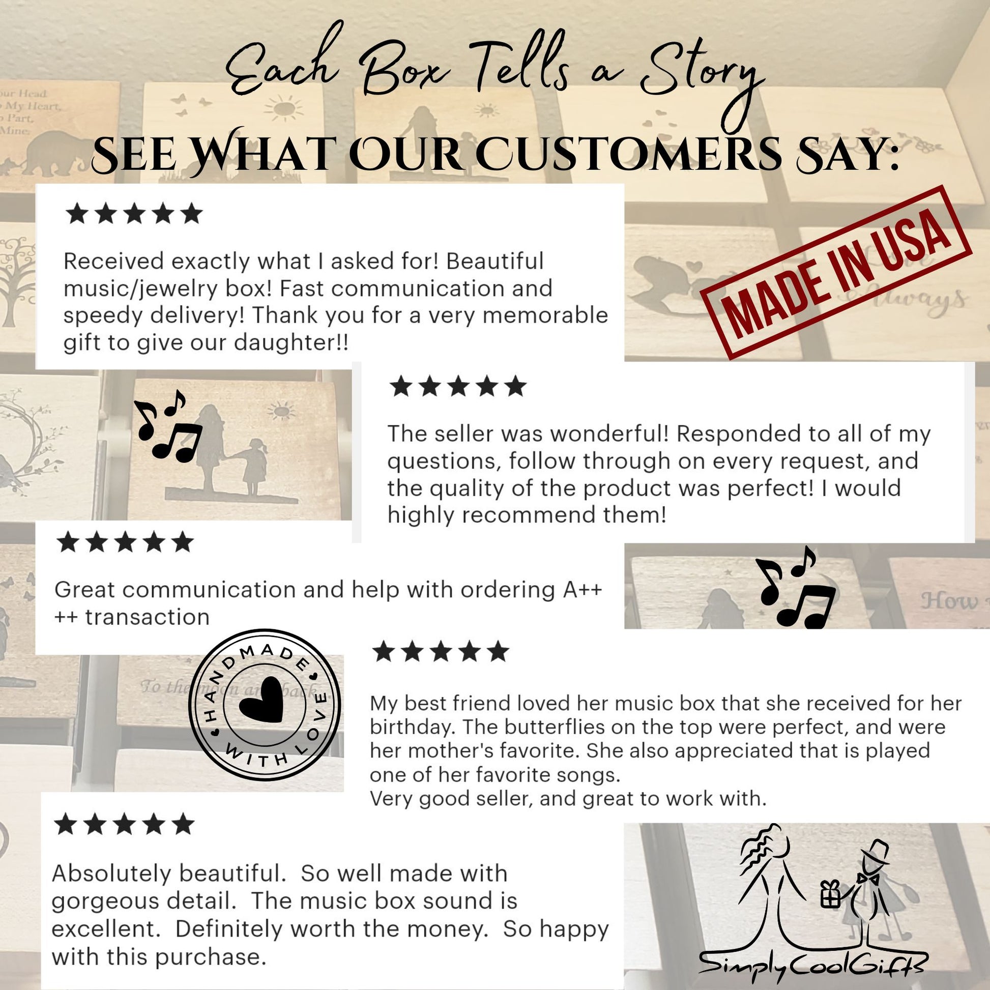 Collage of five-star customer reviews for SimplyCoolGifts handmade wooden music boxes, showing engraved designs and heartfelt feedback. Text says “Handmade with Love – Here’s What Our Customers Say.” Made in USA badge and SimplyCoolGifts logo visible in the background.