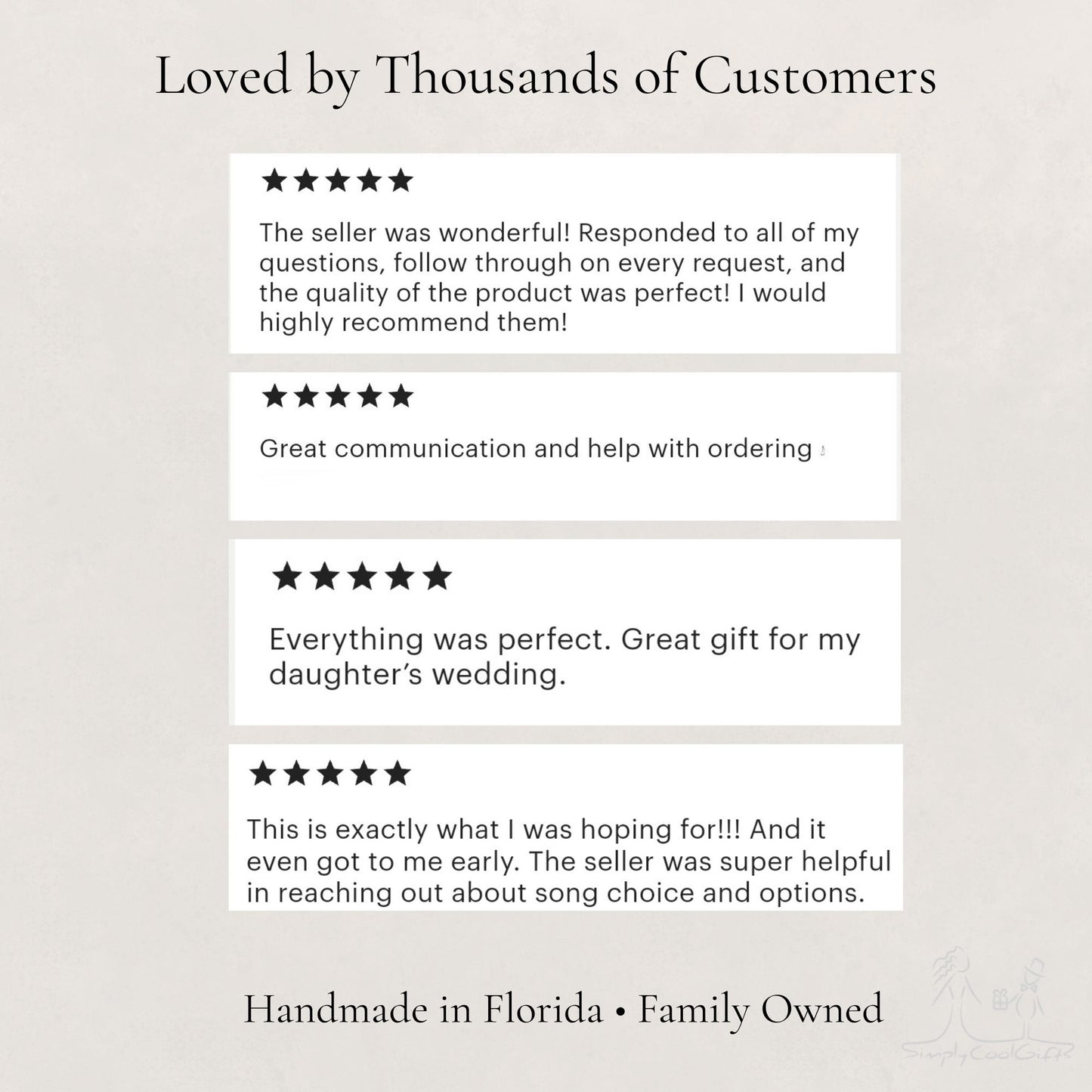 Five-star reviews from satisfied customers on a light gray background with text about handmade products from Florida.