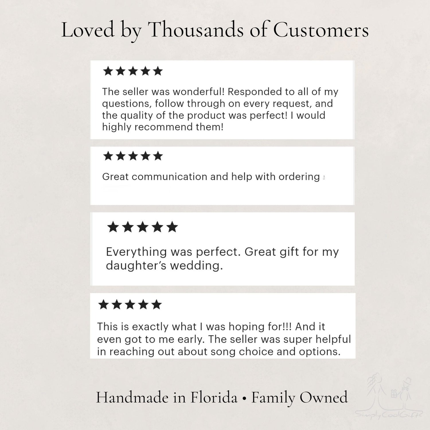 Five-star reviews from satisfied customers on a light gray background with text about handmade products from Florida.