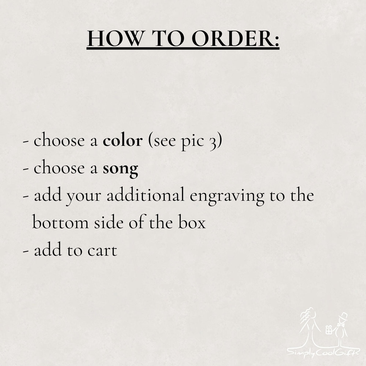 Text instructions on how to order a product with a minimalistic design.
