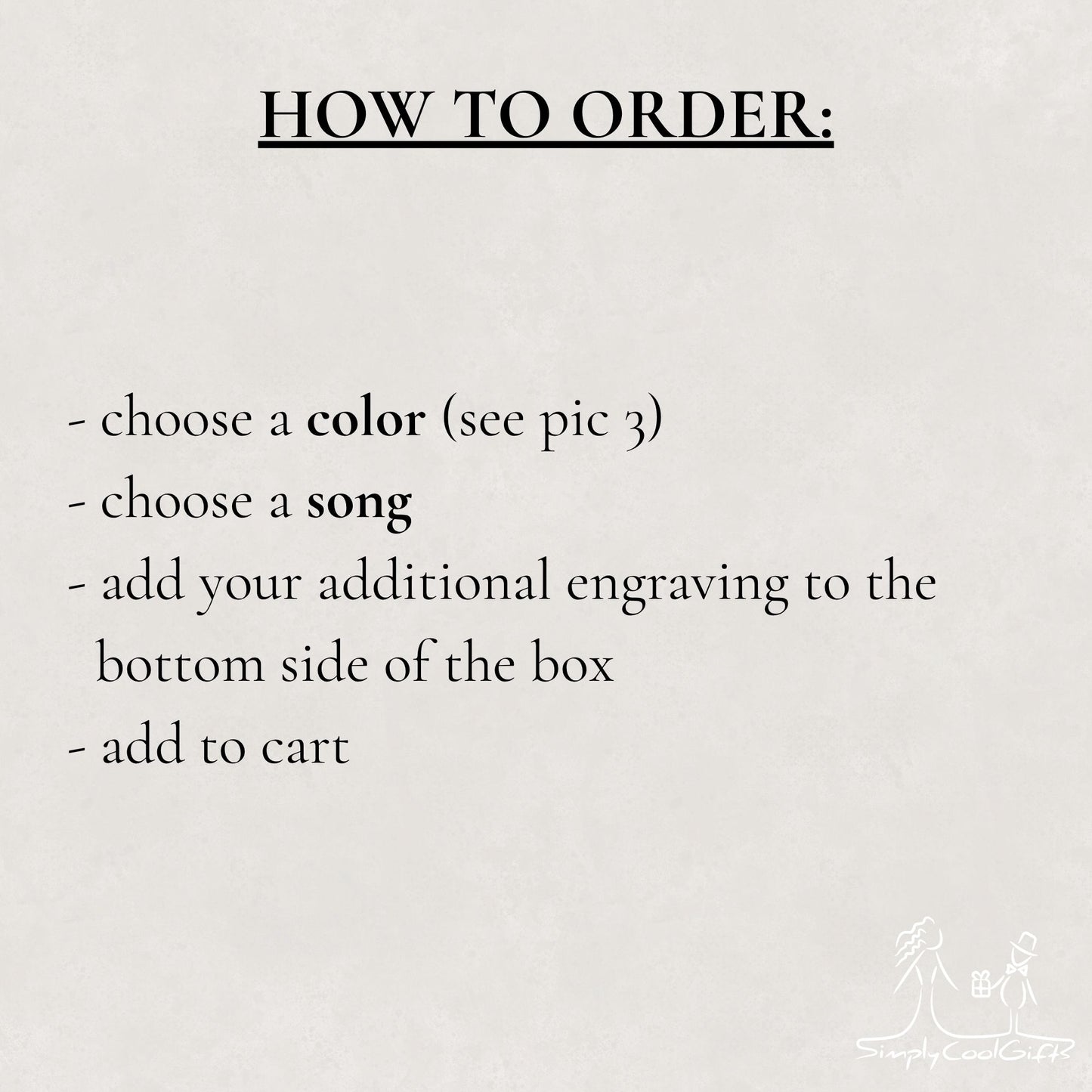 Text instructions on how to order a product with a minimalistic design.